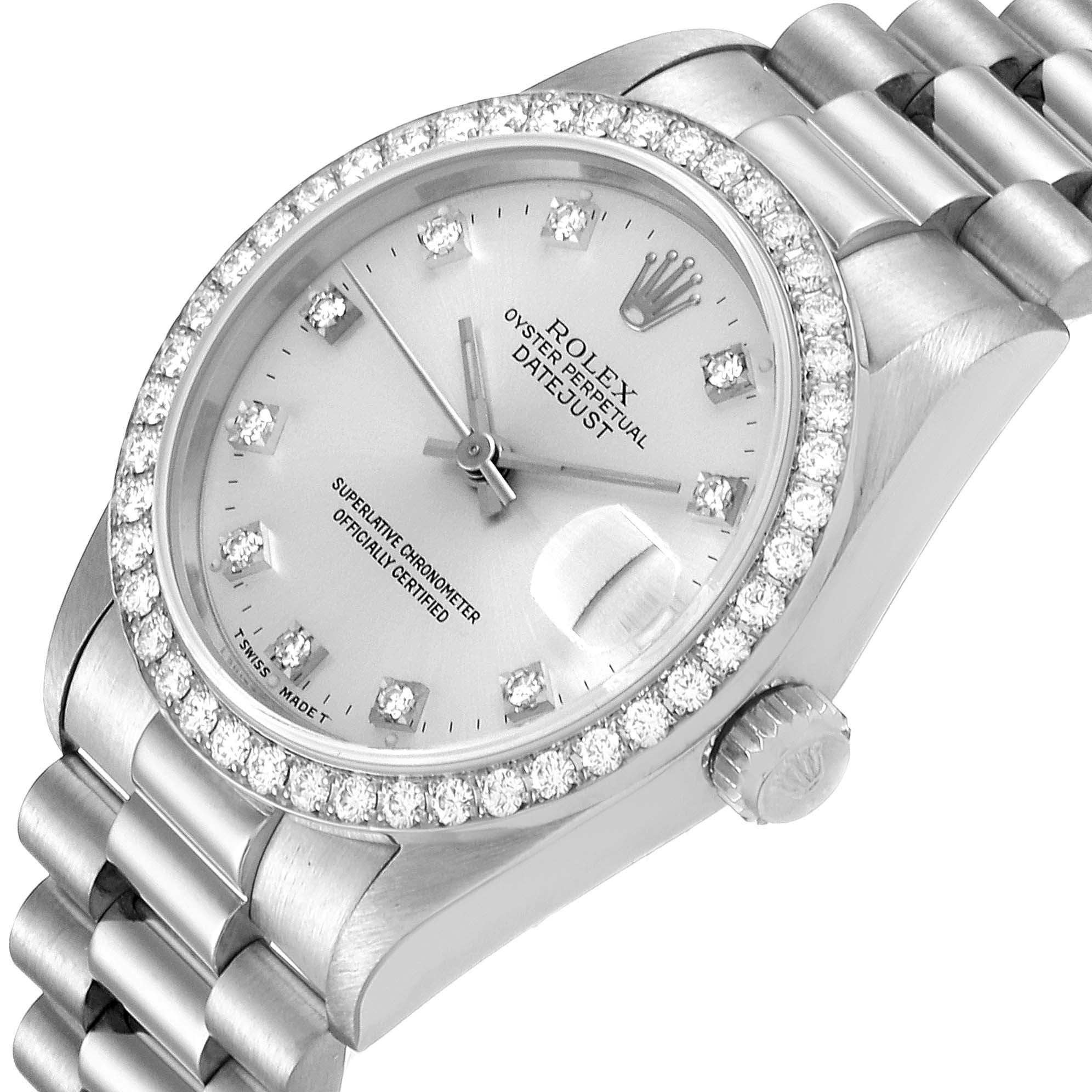 The Rolex President 68289 Women's White Gold Silver Dial 68289 Women's White Gold Silver Dial model watch is shown from an oblique angle, highlighting its dial, bezel, and bracelet.