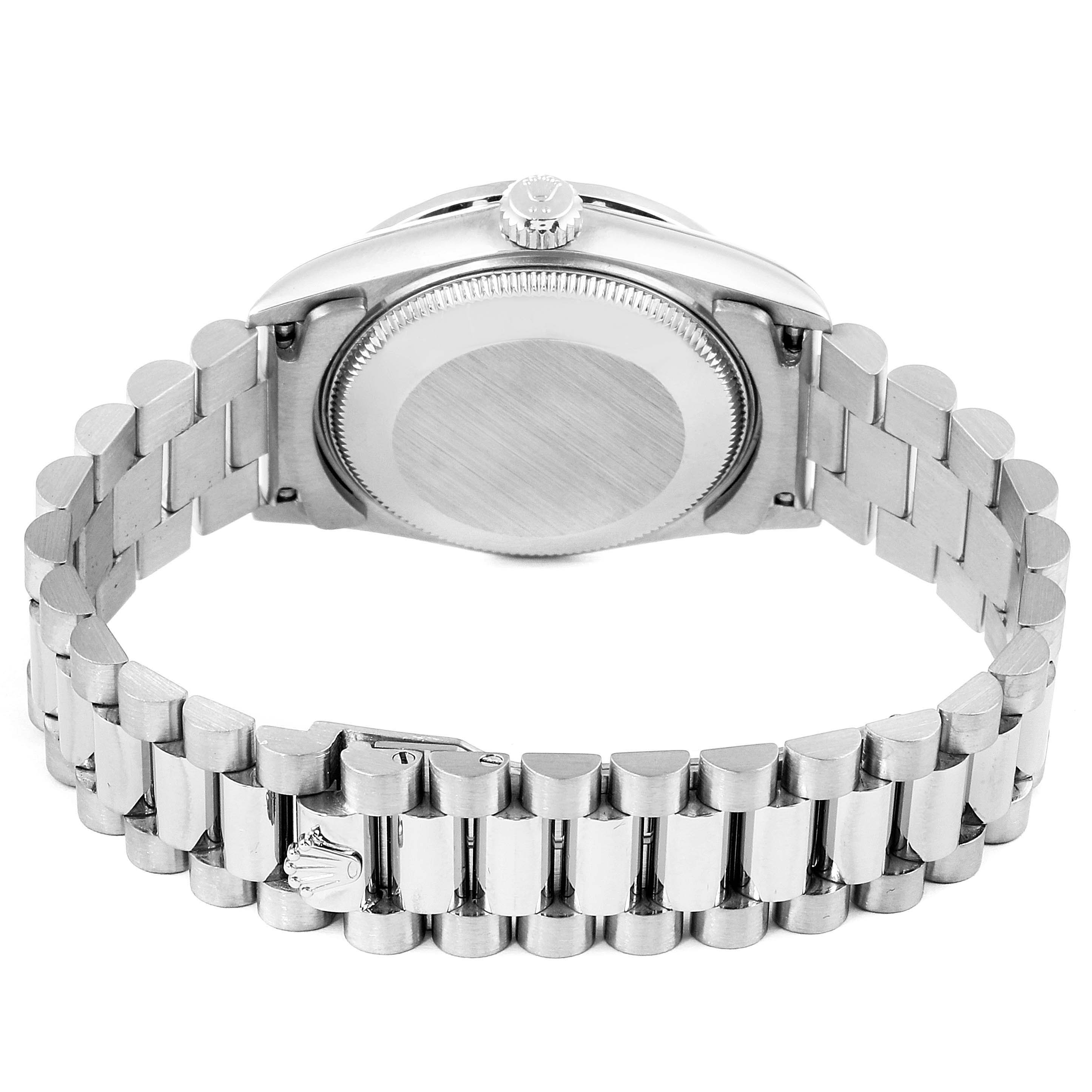 The image shows the back case and bracelet of a Rolex President 68289 Women's White Gold Silver Dial 68289 Women's White Gold Silver Dial model watch from a rear angle.