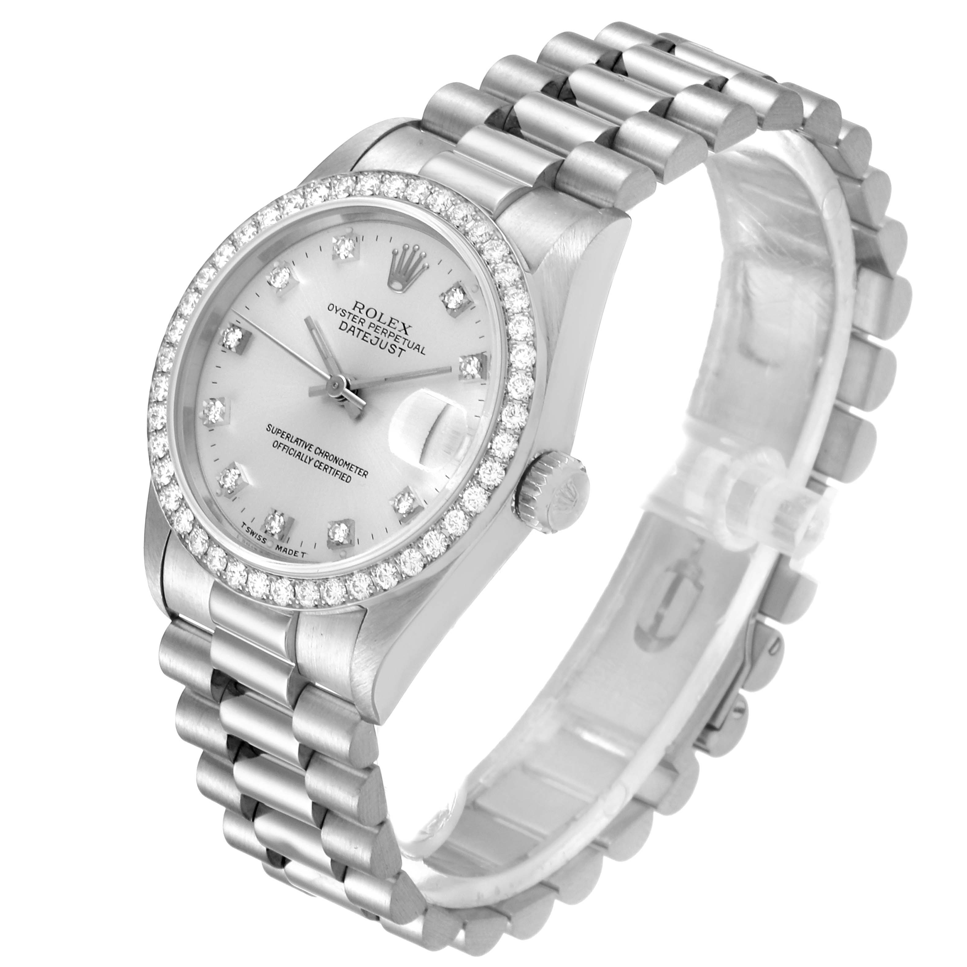 The Rolex President 68289 Women's White Gold Silver Dial 68289 Women's White Gold Silver Dial watch is shown at an angle, displaying the face, bezel, crown, and bracelet.