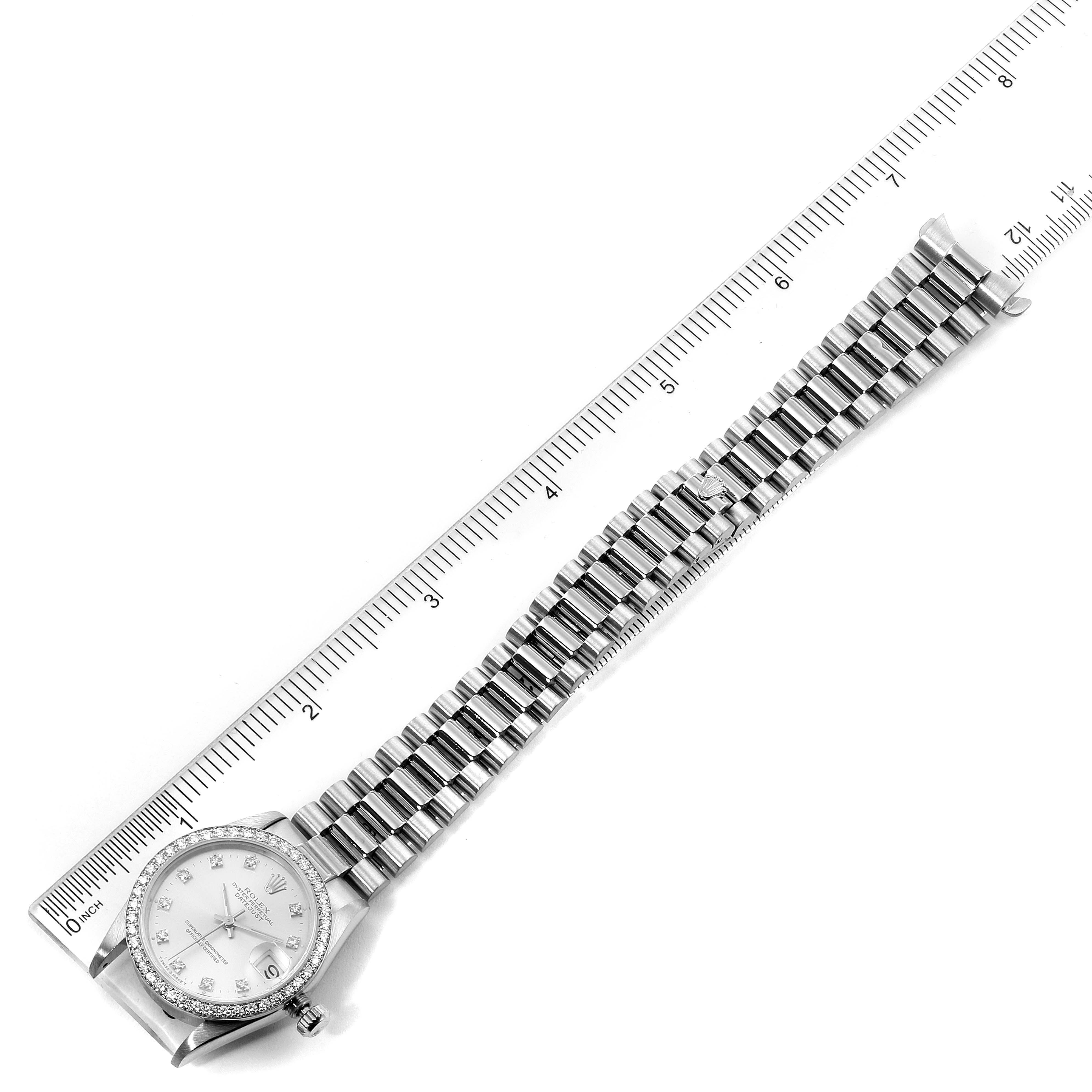 The image shows the full length of a Rolex President 68289 Women's White Gold Silver Dial 68289 Women's White Gold Silver Dial model watch, including the face, bezel, and bracelet, viewed from above.