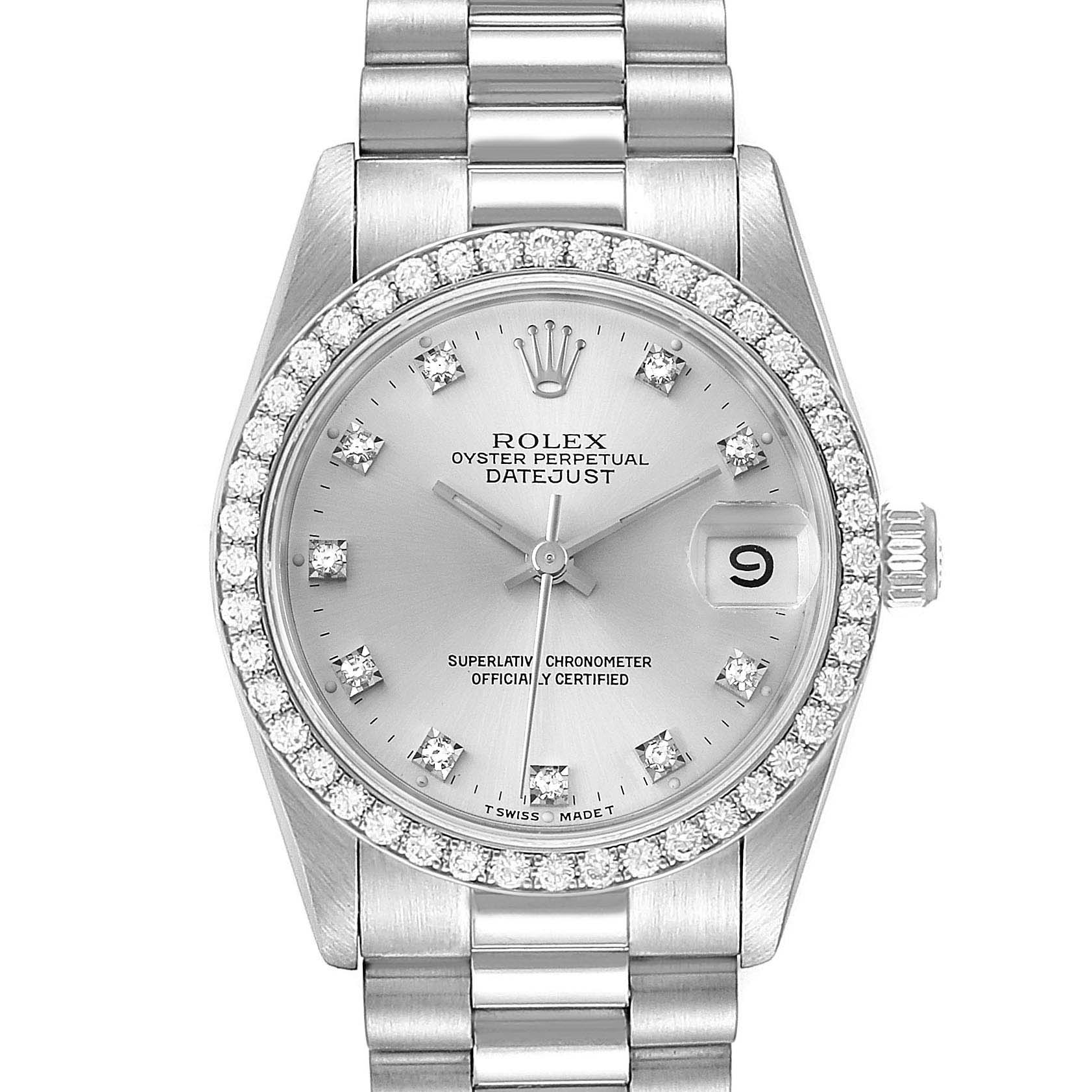 This Rolex President 68289 Women's White Gold Silver Dial 68289 Women's White Gold Silver Dial model watch is shown from the front, displaying the bracelet, bezel, dial, and date window.
