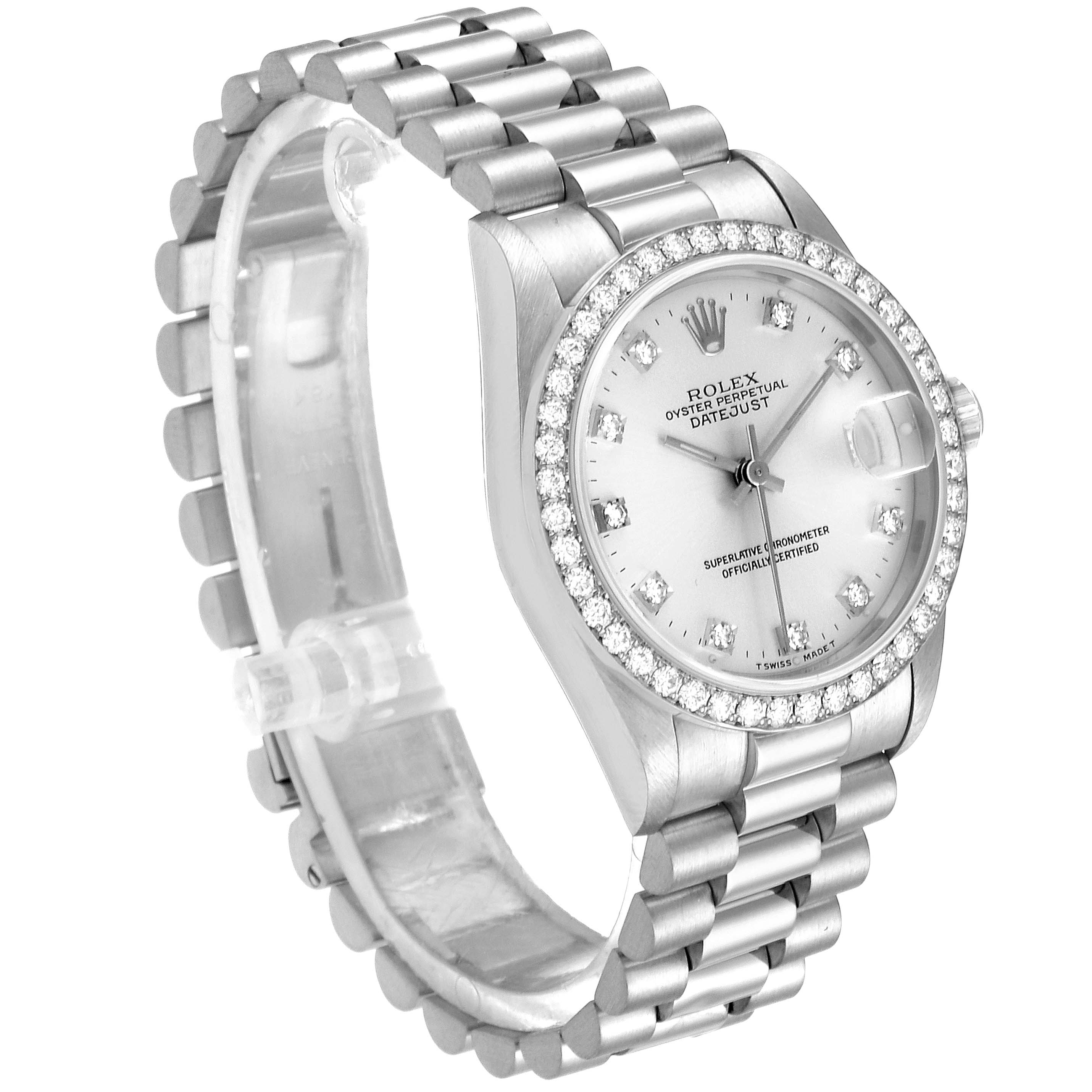 The Rolex President 68289 Women's White Gold Silver Dial 68289 Women's White Gold Silver Dial model is shown at an angle showcasing its face, bezel, and a portion of the bracelet.