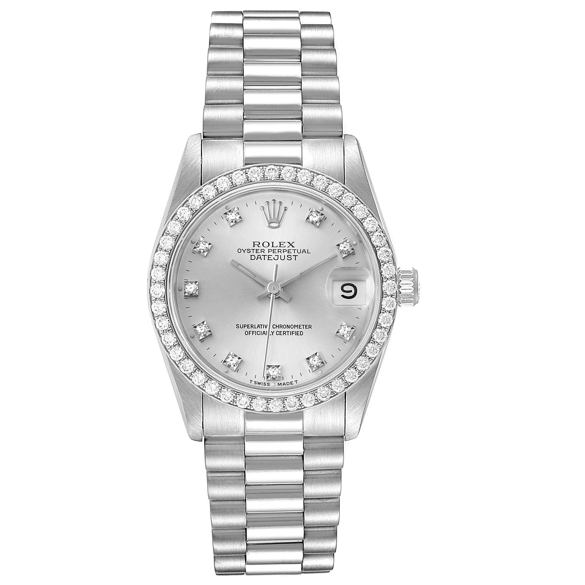 The Rolex President 68289 Women's White Gold Silver Dial 68289 Women's White Gold Silver Dial model watch is shown from the front, detailing its silver dial, diamond hour markers, and date window.