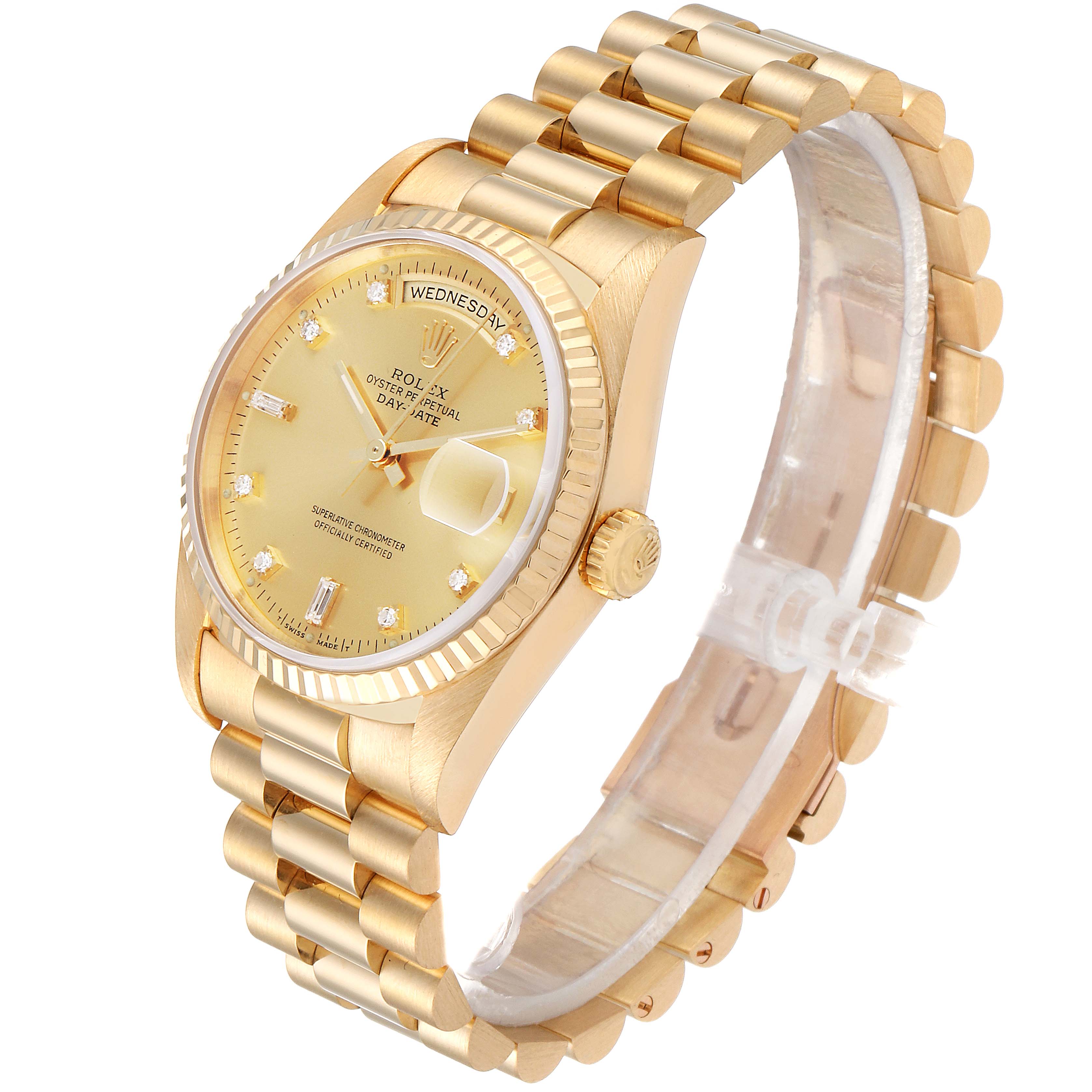 The Rolex President 18238 Men's Yellow Gold Champagne Dial 18238 Men's Yellow Gold Champagne Dial watch is shown at a three-quarters angle, highlighting its gold case, bracelet, and dial with diamond hour markers.