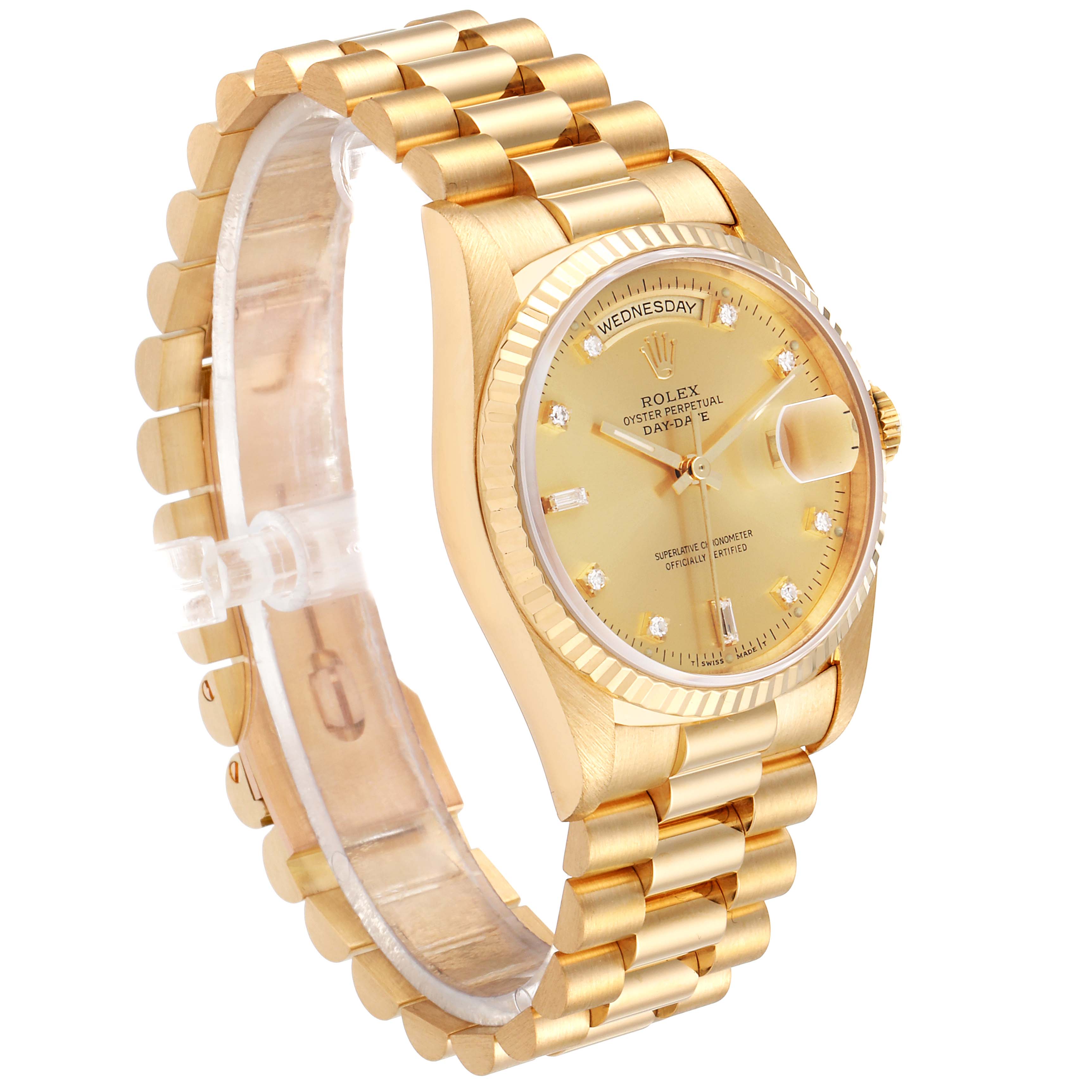 The image shows a Rolex President 18238 Men's Yellow Gold Champagne Dial 18238 Men's Yellow Gold Champagne Dial model watch at a three-quarter angle, highlighting the dial, bracelet, and case.