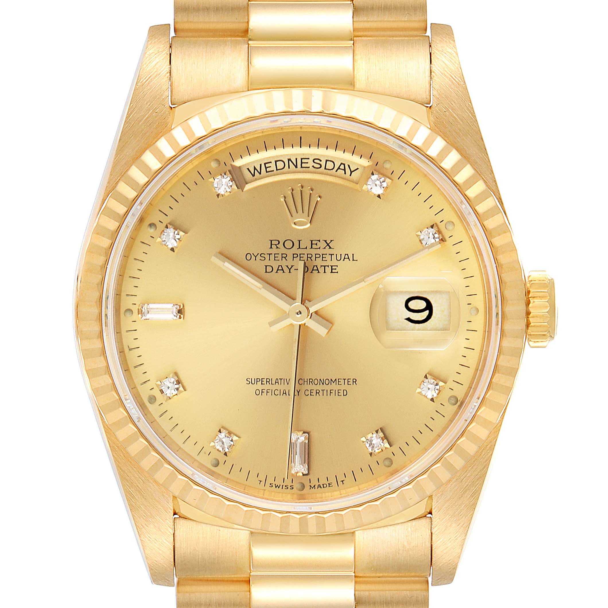 This image shows a front view of the Rolex President 18238 Men's Yellow Gold Champagne Dial 18238 Men's Yellow Gold Champagne Dial model watch, highlighting the dial, day and date displays, and bracelet.