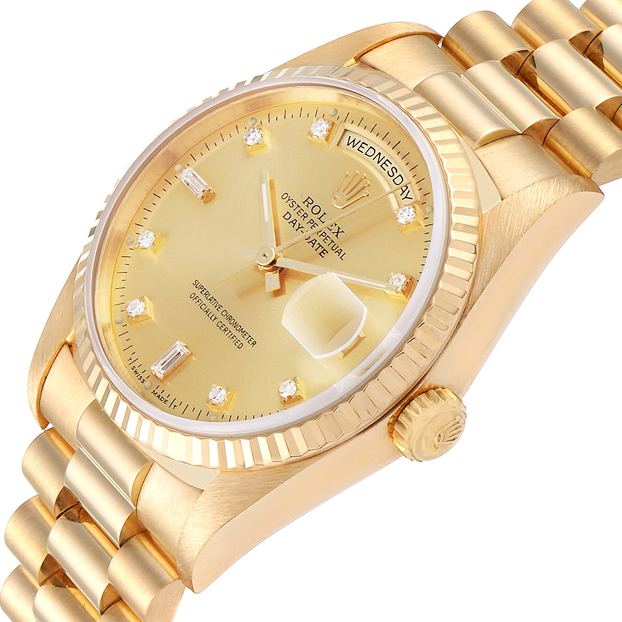 The image shows a close-up, angled view of the Rolex President 18238 Men's Yellow Gold Champagne Dial 18238 Men's Yellow Gold Champagne Dial model watch, highlighting the dial, bezel, and part of the bracelet.