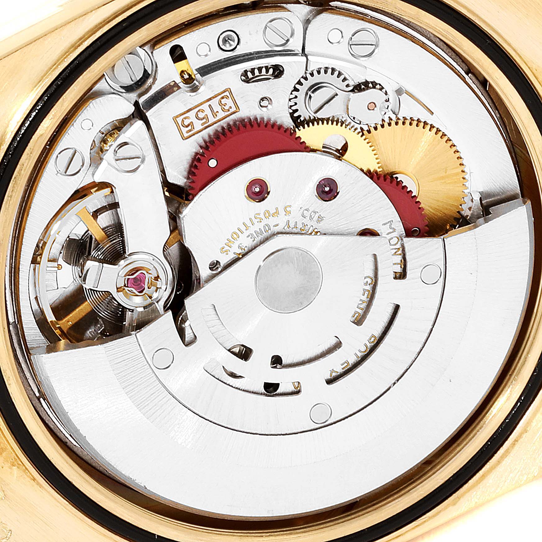 This image shows the movement and internal mechanical components of a Rolex President 18238 Men's Yellow Gold Champagne Dial 18238 Men's Yellow Gold Champagne Dial model watch.