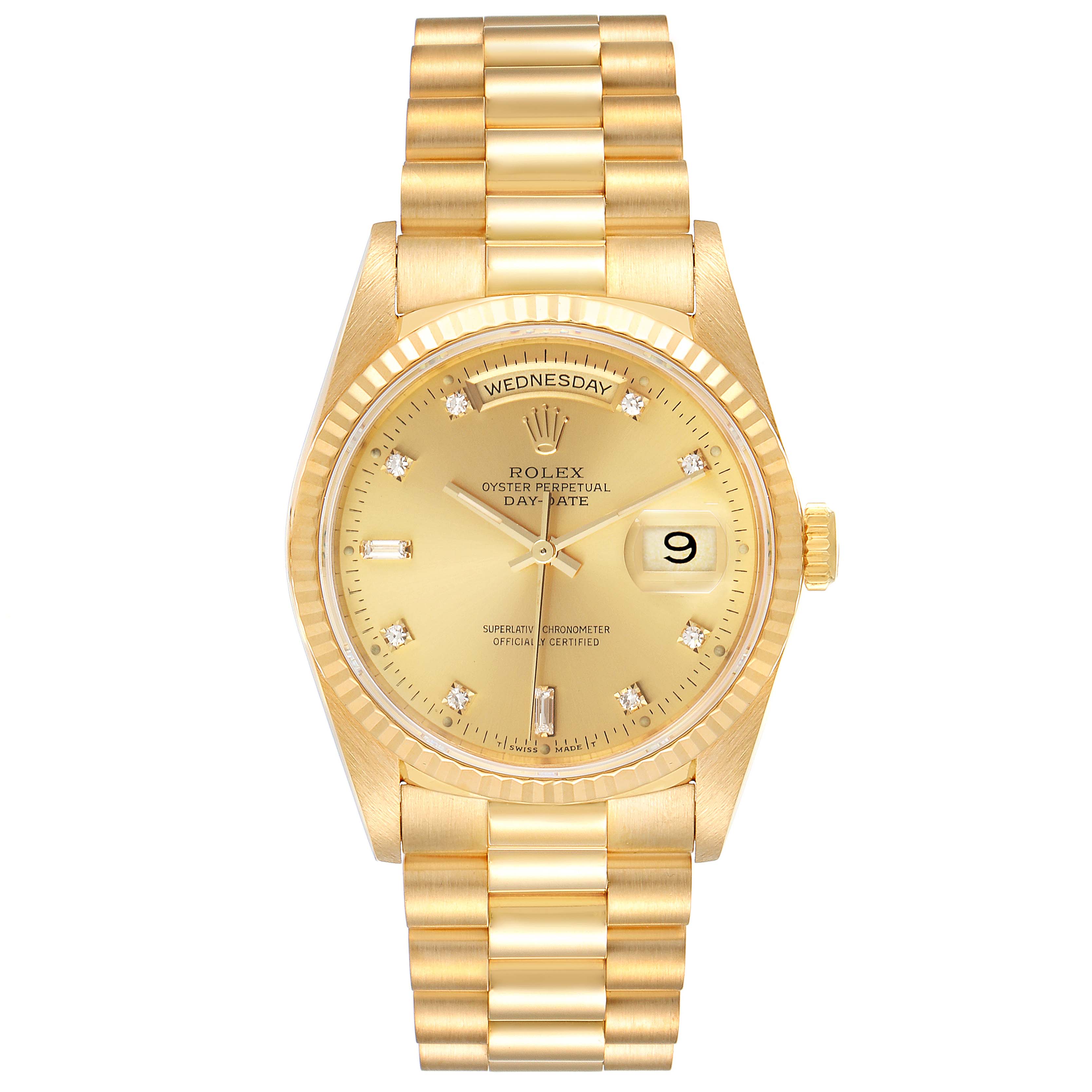 The image shows a frontal view of the Rolex President 18238 Men's Yellow Gold Champagne Dial 18238 Men's Yellow Gold Champagne Dial Day-Date watch, displaying its gold bracelet, dial, and day-date complication.