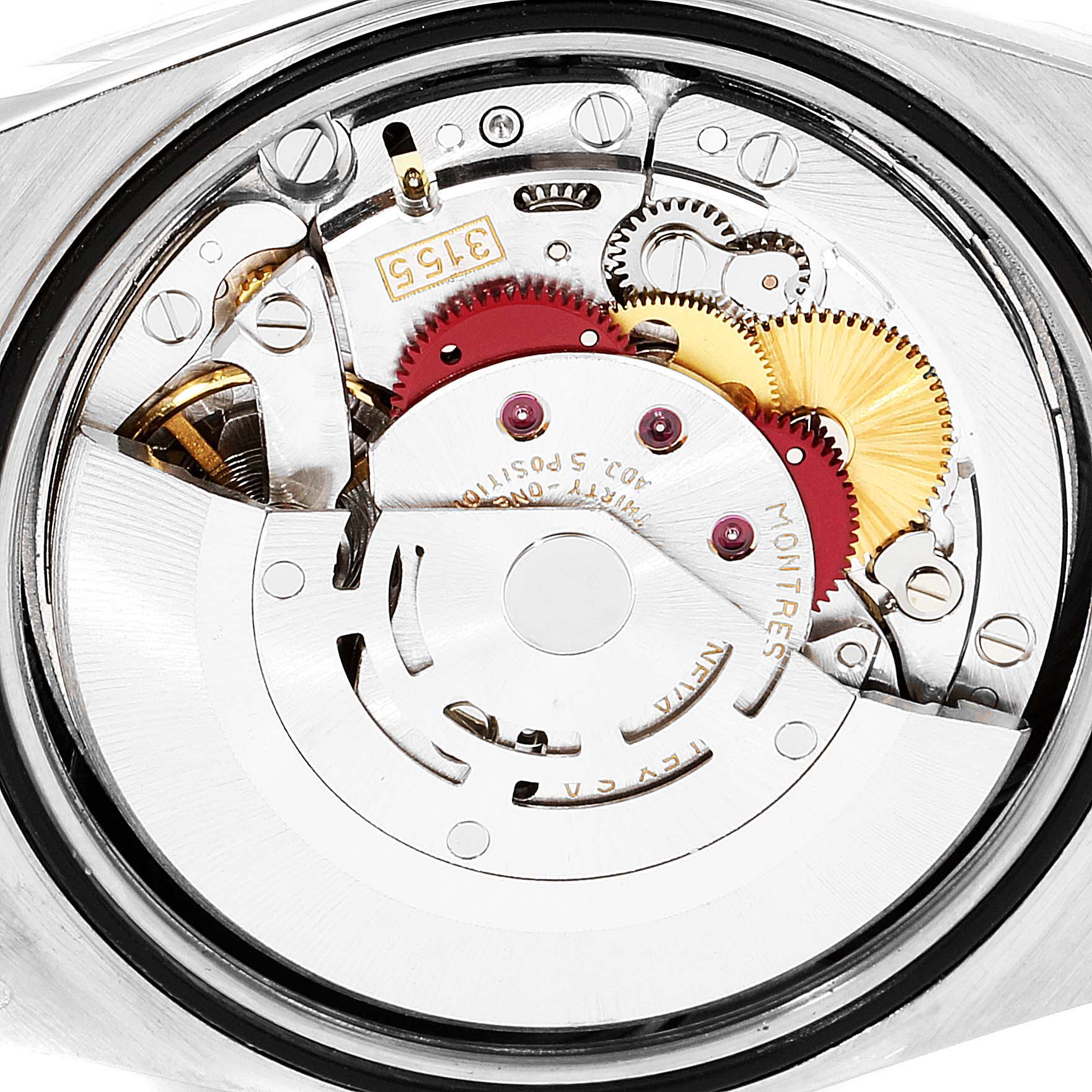 This close-up image shows the intricate internal mechanical movement of a Rolex President 18349 Men's White Gold Silver Dial 18349 Men's White Gold Silver Dial model watch.