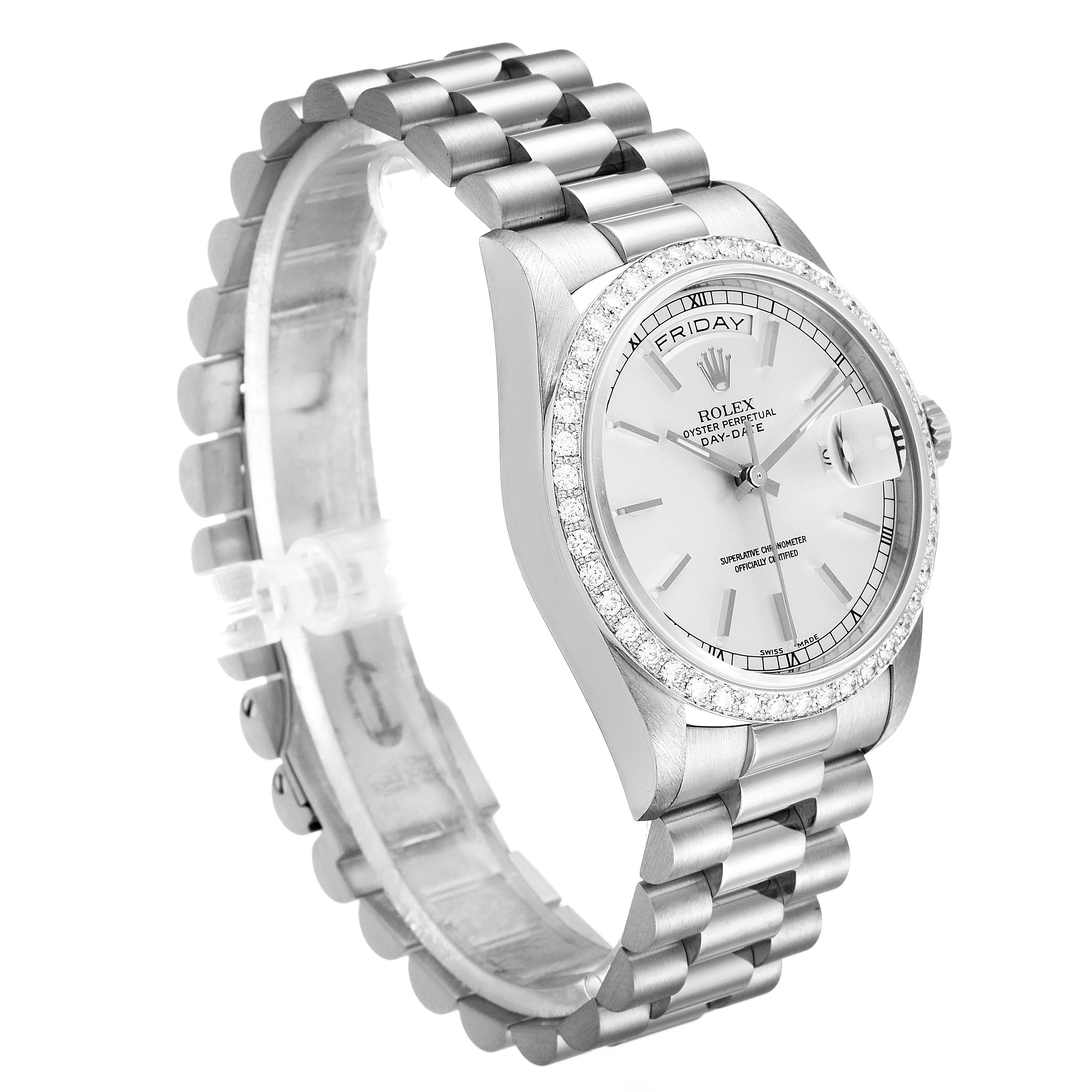 This image shows a side angle of a Rolex President 18349 Men's White Gold Silver Dial 18349 Men's White Gold Silver Dial model watch, featuring its band, bezel, dial, and crown.