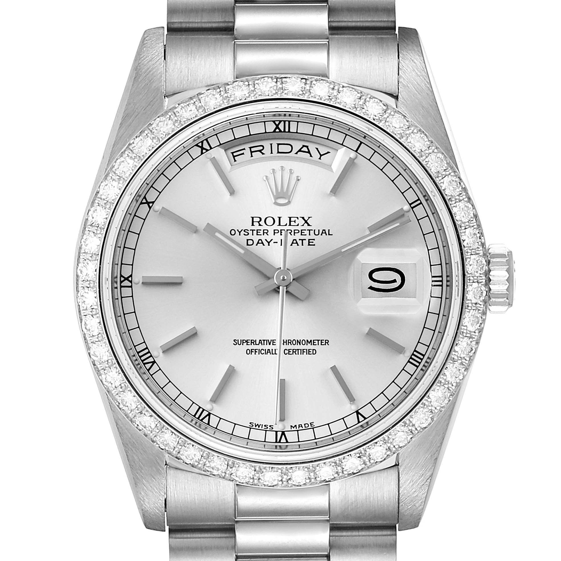 The Rolex President 18349 Men's White Gold Silver Dial 18349 Men's White Gold Silver Dial model watch is shown from a front angle displaying its dial, bezel, crown, and part of the bracelet.