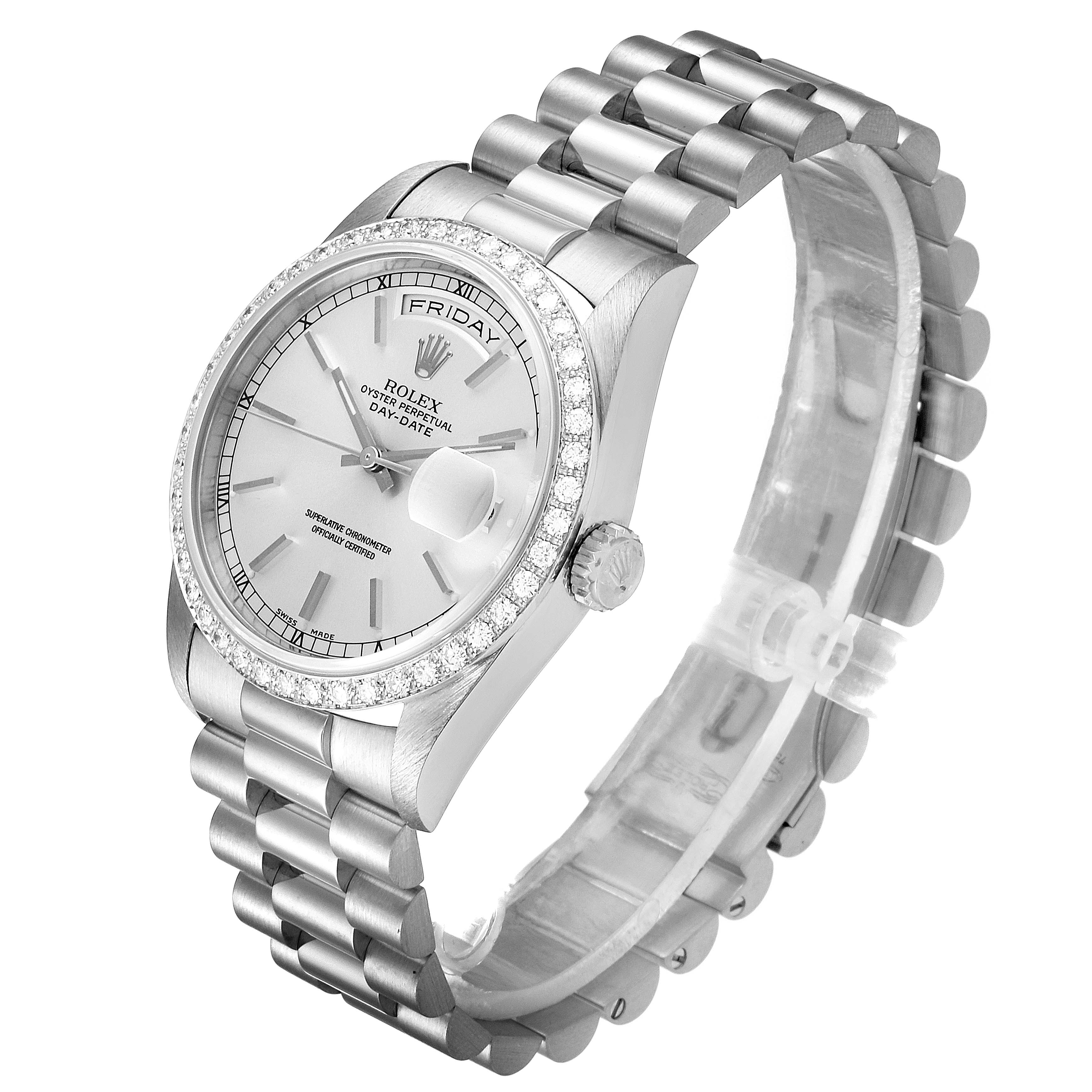 The Rolex President 18349 Men's White Gold Silver Dial 18349 Men's White Gold Silver Dial watch is shown at an oblique angle, highlighting the dial, bezel, and bracelet.
