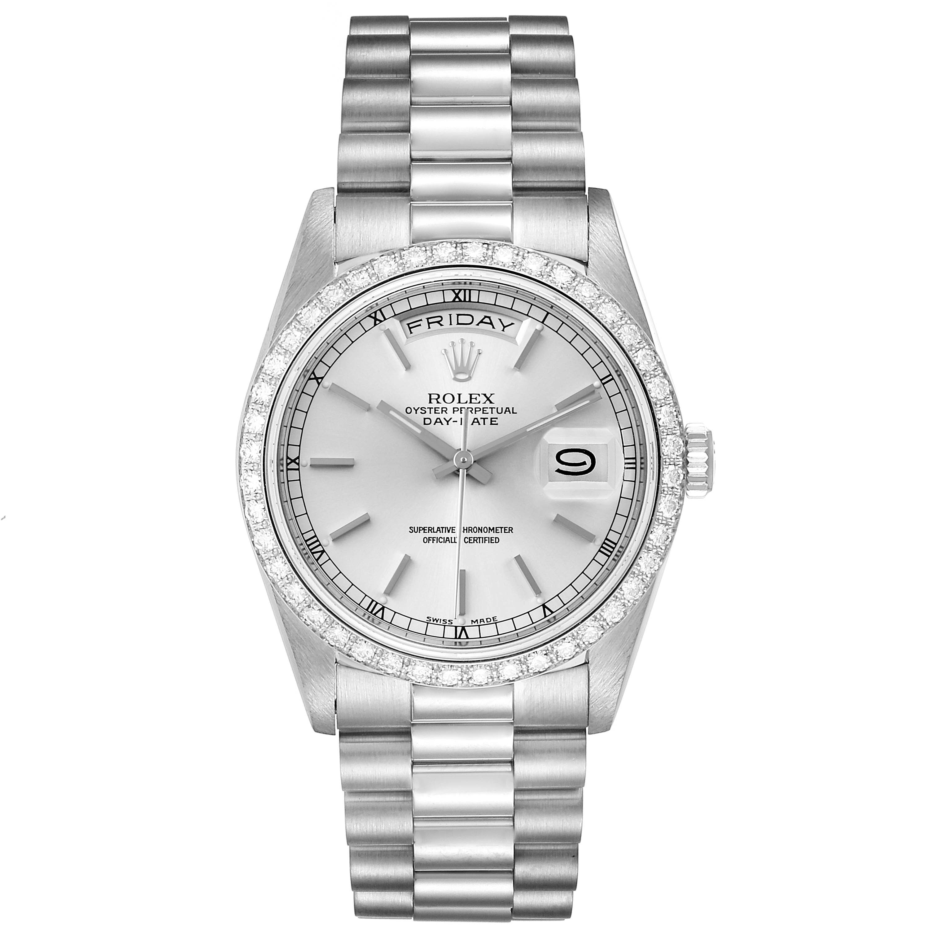 The image shows the front view of the Rolex President 18349 Men's White Gold Silver Dial 18349 Men's White Gold Silver Dial model, displaying the dial, bezel, and bracelet.
