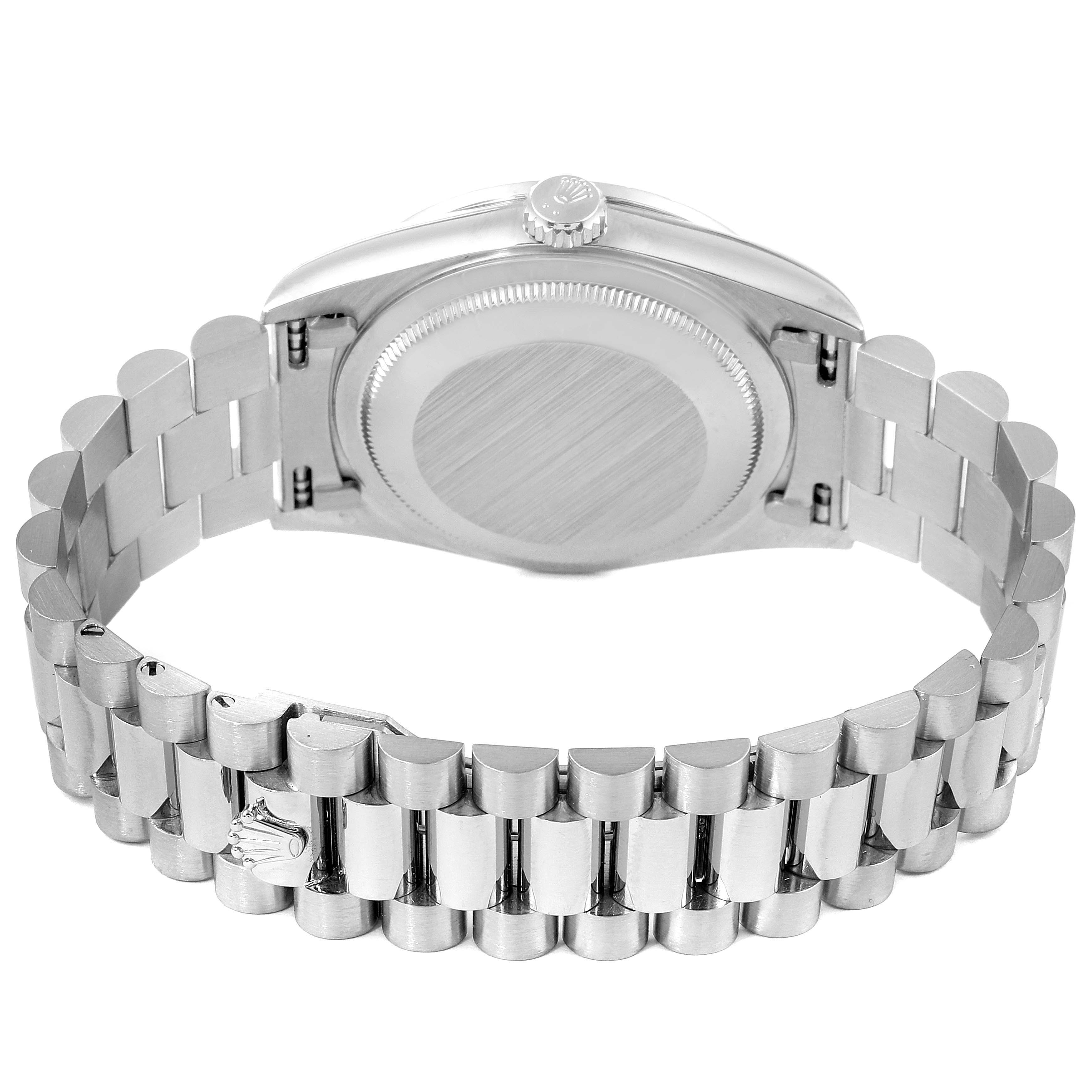 The image shows the back and bracelet of a Rolex President 18349 Men's White Gold Silver Dial 18349 Men's White Gold Silver Dial model watch.