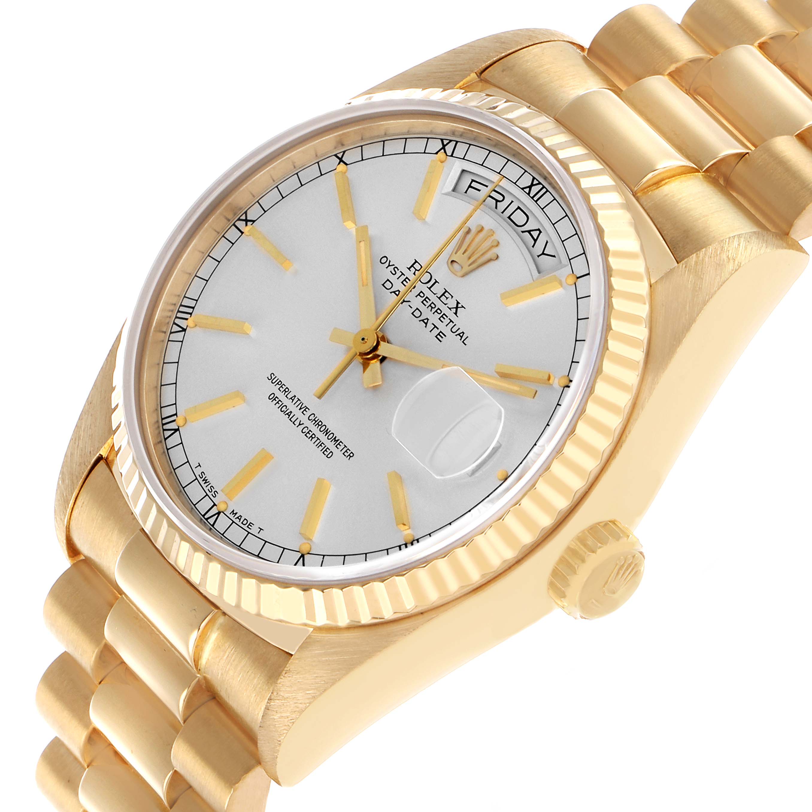 The image shows the Rolex President 18038 Men's Yellow Gold Silver Dial model at a slight angle, highlighting the watch face, bezel, and part of the band.