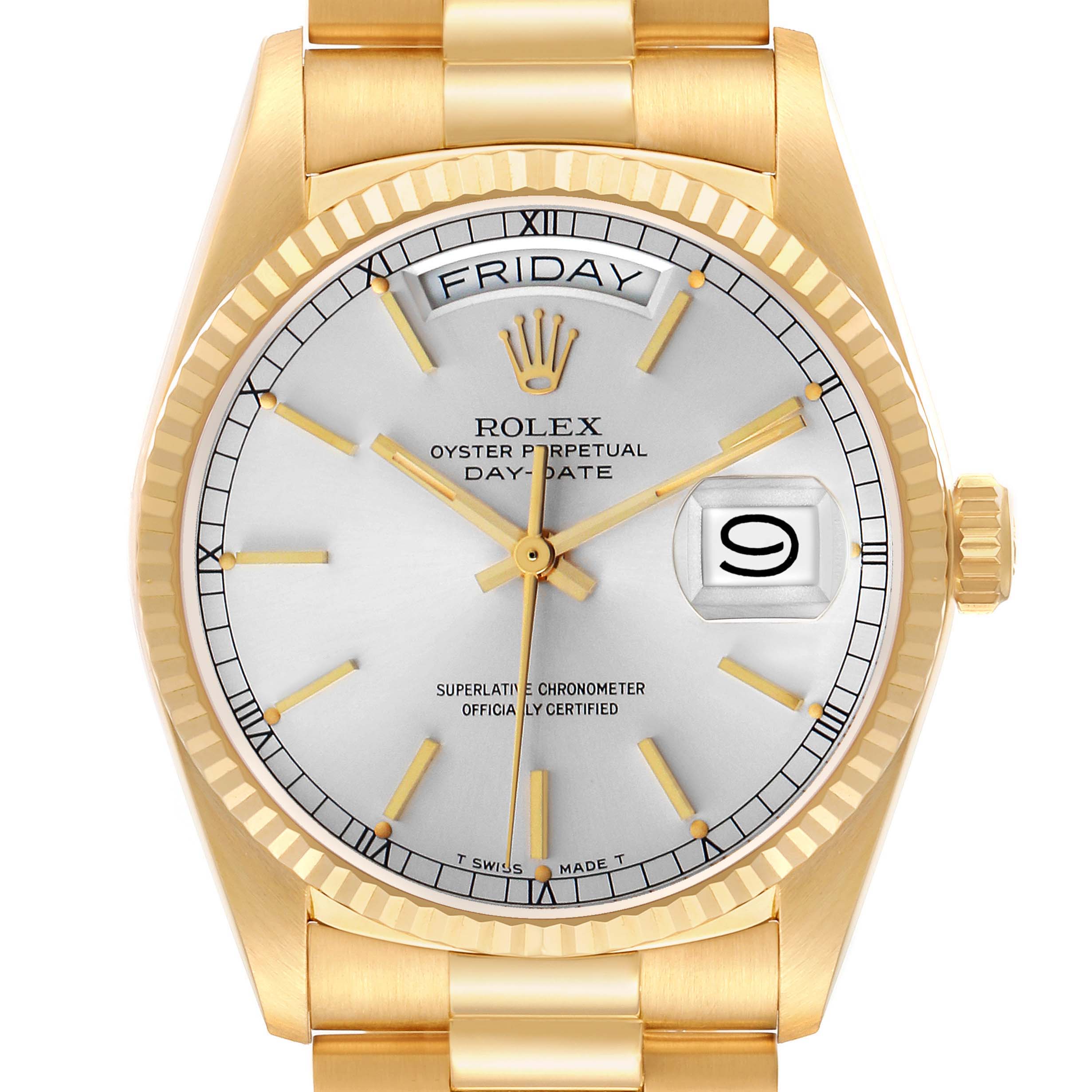 The Rolex President 18038 Men's Yellow Gold Silver Dial model is shown from a frontal angle, highlighting the watch face, bezel, and part of the bracelet.