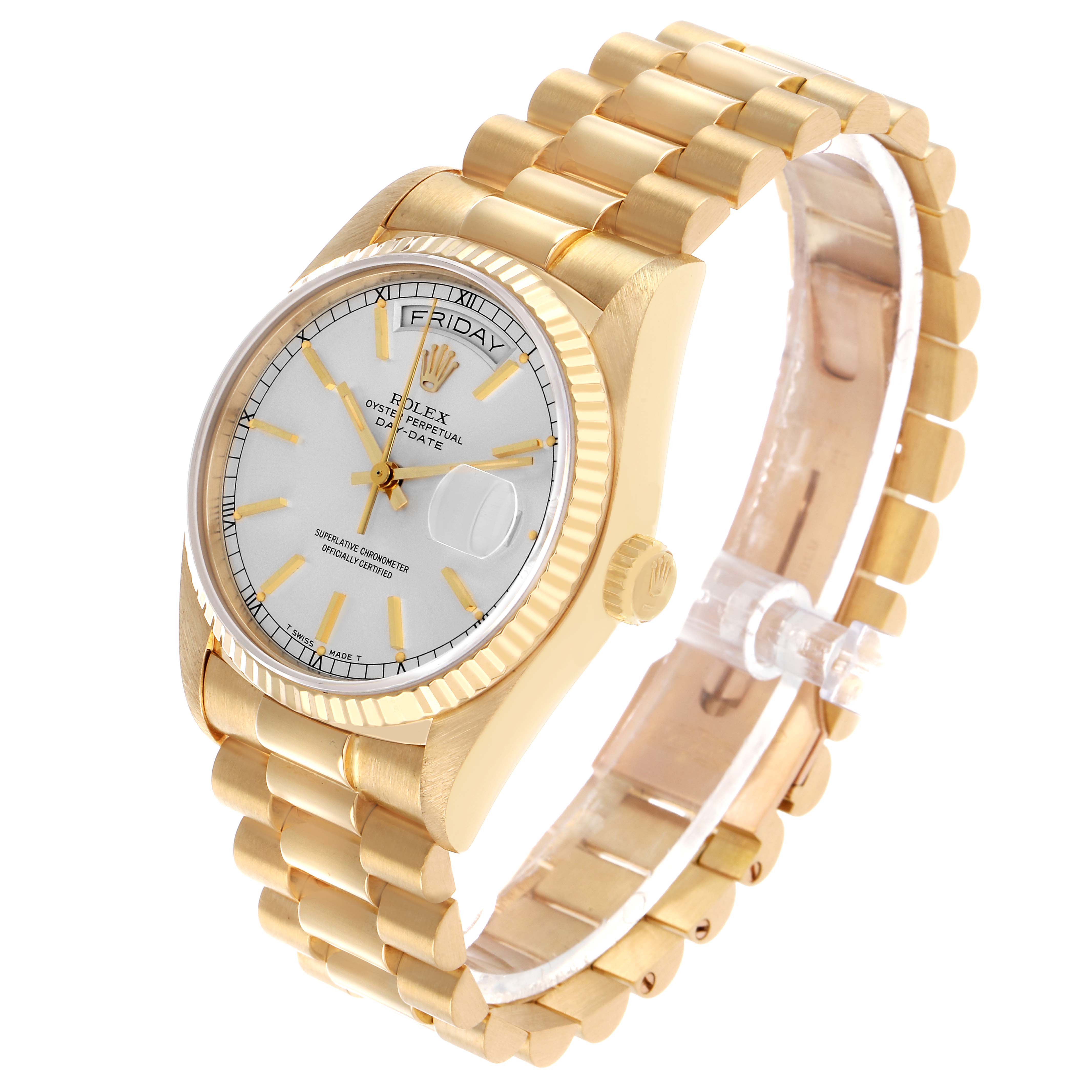 The Rolex President 18038 Men's Yellow Gold Silver Dial model watch is shown at a three-quarter angle, highlighting its bracelet, dial, and fluted bezel.