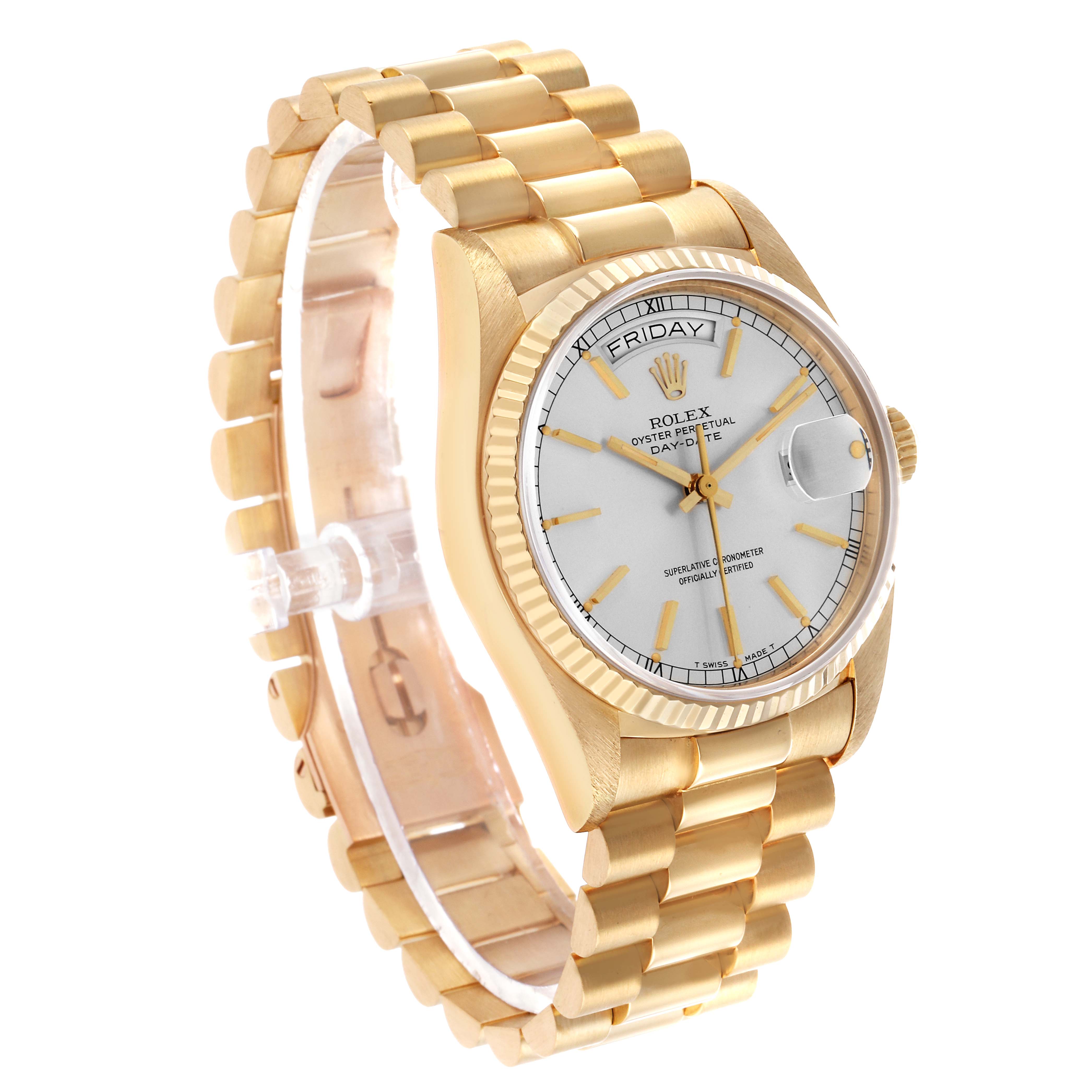 The Rolex President 18038 Men's Yellow Gold Silver Dial watch is shown at a three-quarter angle, displaying the face, bezel, bracelet, and day-date window.