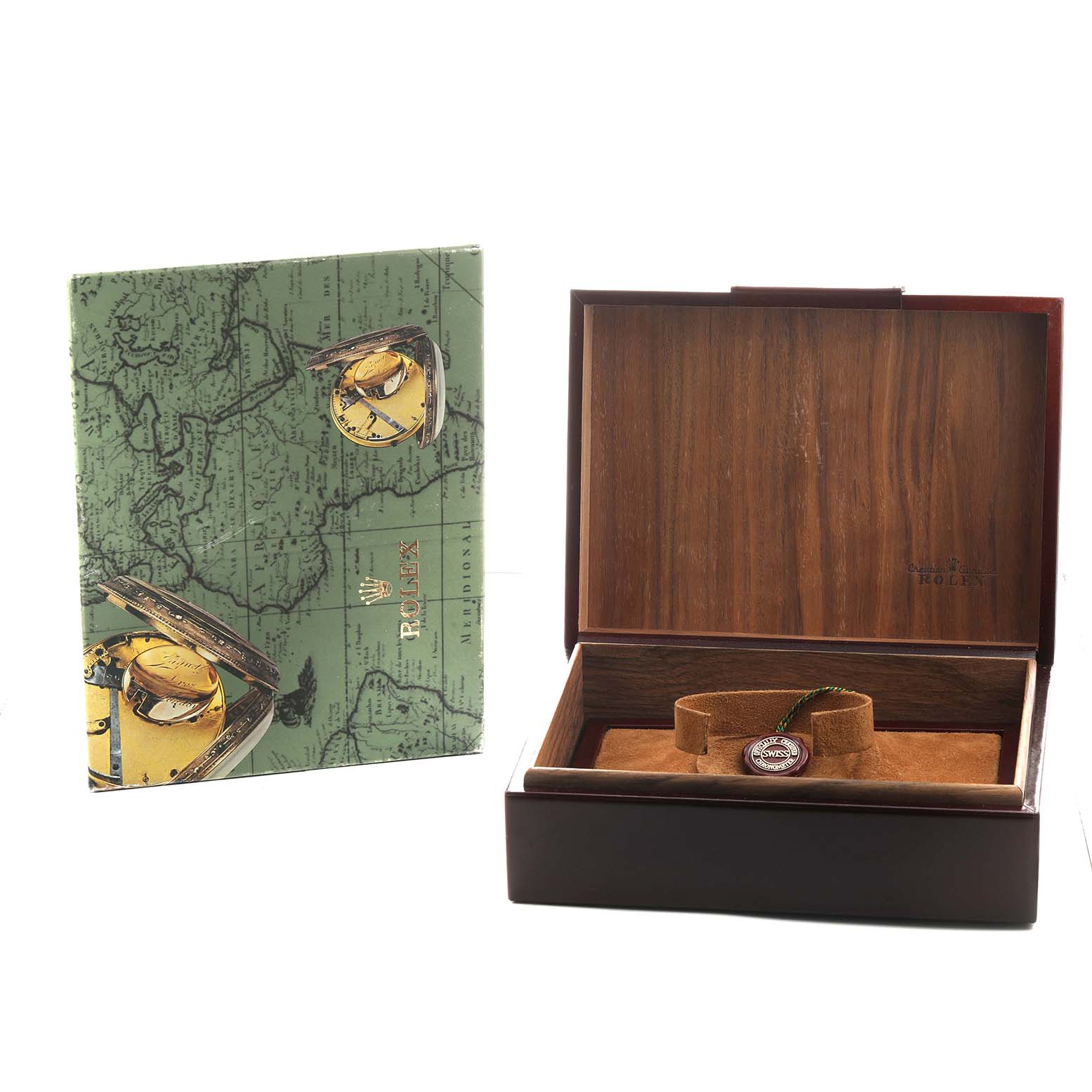 The image shows an open Rolex President 18038 Men's Yellow Gold Silver Dial model watch box and a Rolex booklet with a map design.