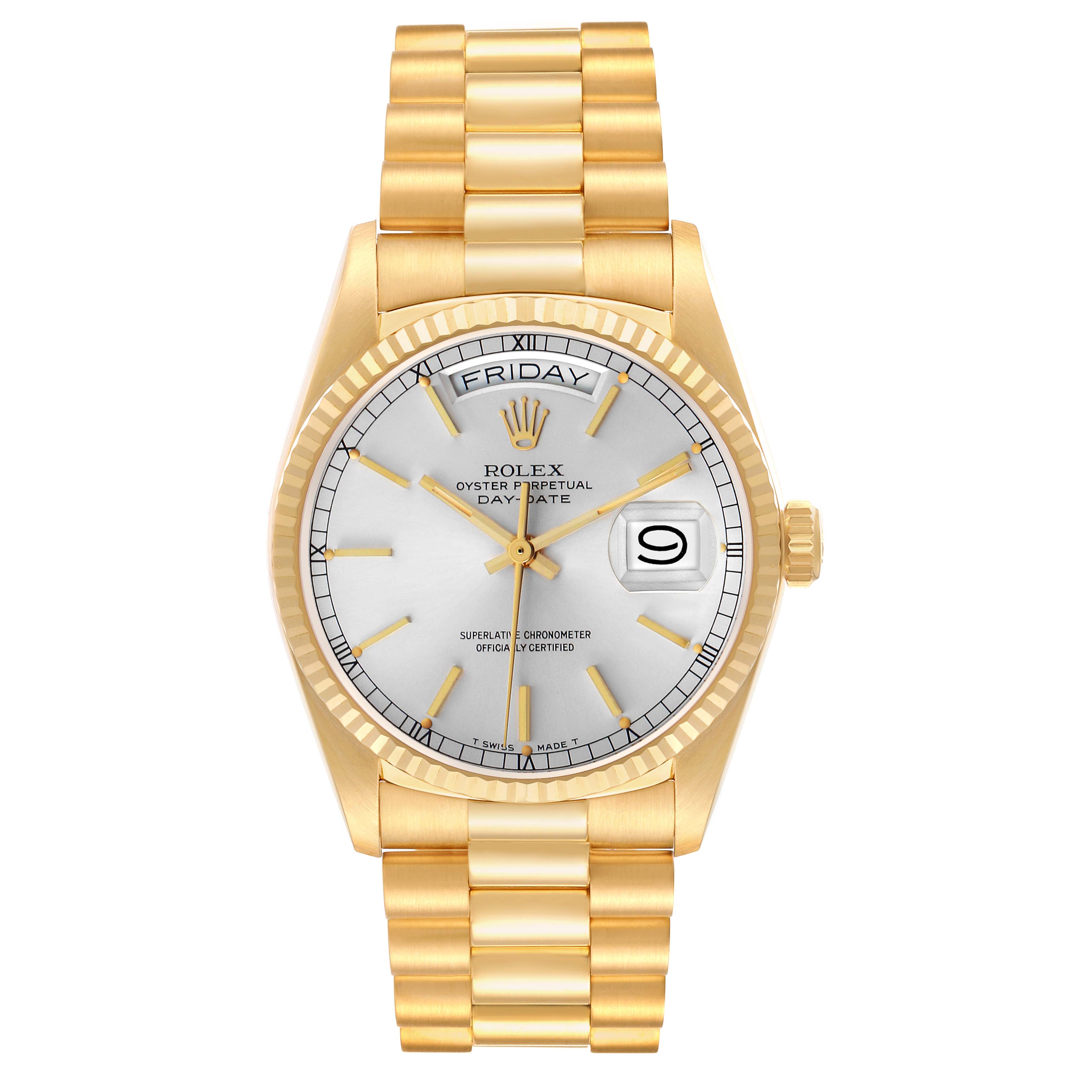 The Rolex President 18038 Men's Yellow Gold Silver Dial watch is shown from a front angle, displaying the dial, bezel, and bracelet.
