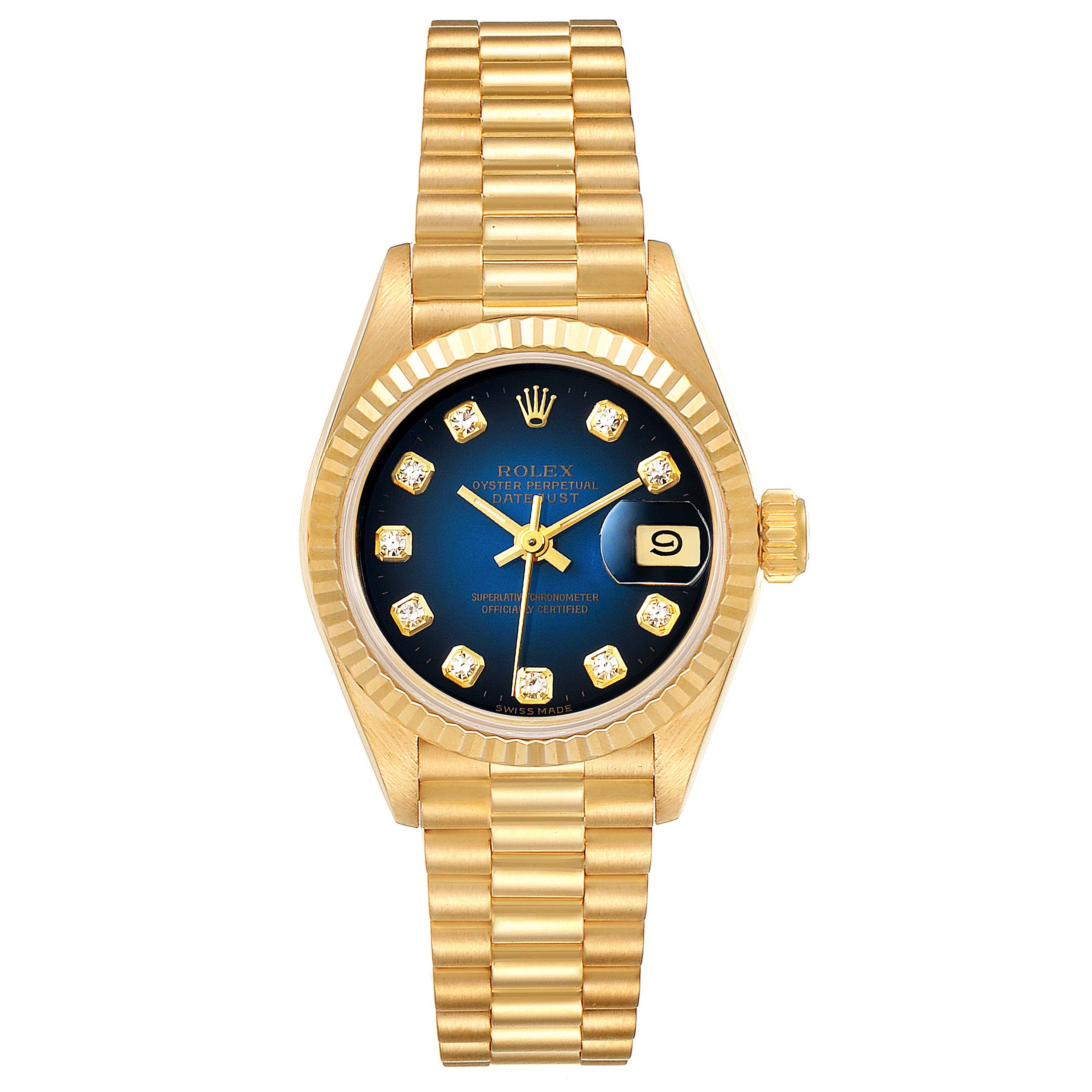 The image shows a Rolex President 69178 Women's Yellow Gold Blue Dial 69178 Women's Yellow Gold Blue Dial model watch from a top-down angle, highlighting the dial, bracelet, and crown.