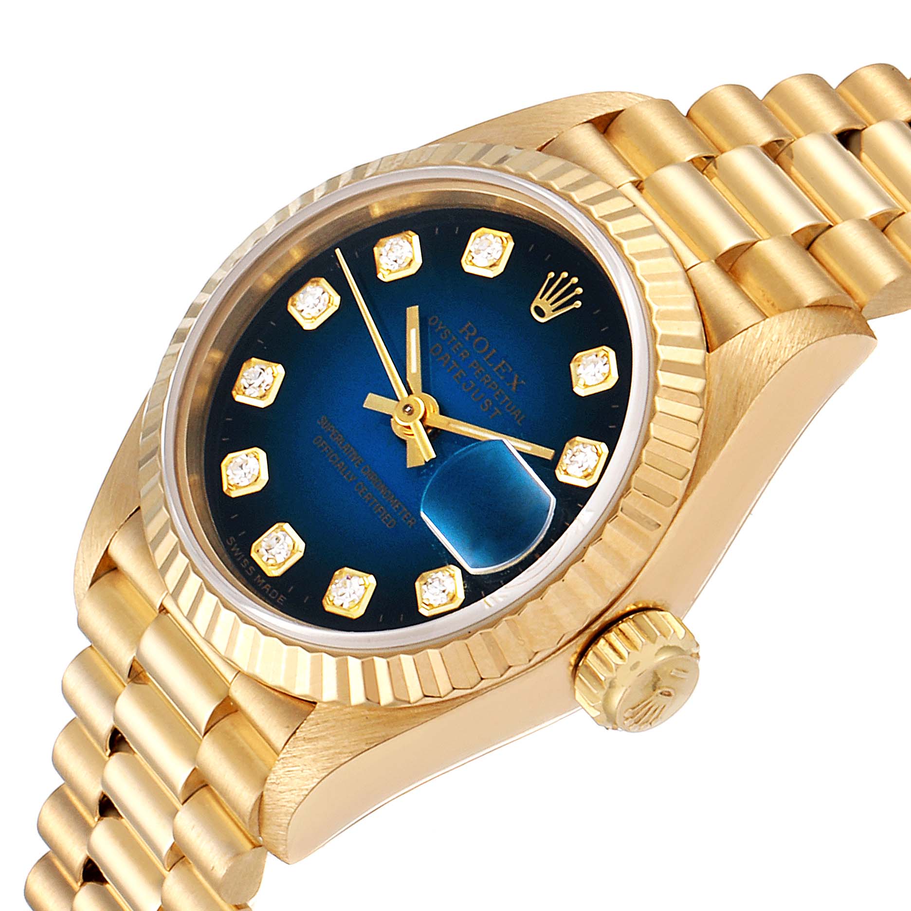 The image shows a close-up, angled view of the Rolex President 69178 Women's Yellow Gold Blue Dial 69178 Women's Yellow Gold Blue Dial model watch, highlighting the face, crown, and bracelet.