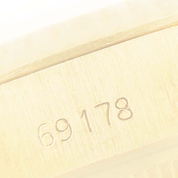 This image shows the model number "69178" engraved on the case of a Rolex President 69178 Women's Yellow Gold Blue Dial 69178 Women's Yellow Gold Blue Dial watch.