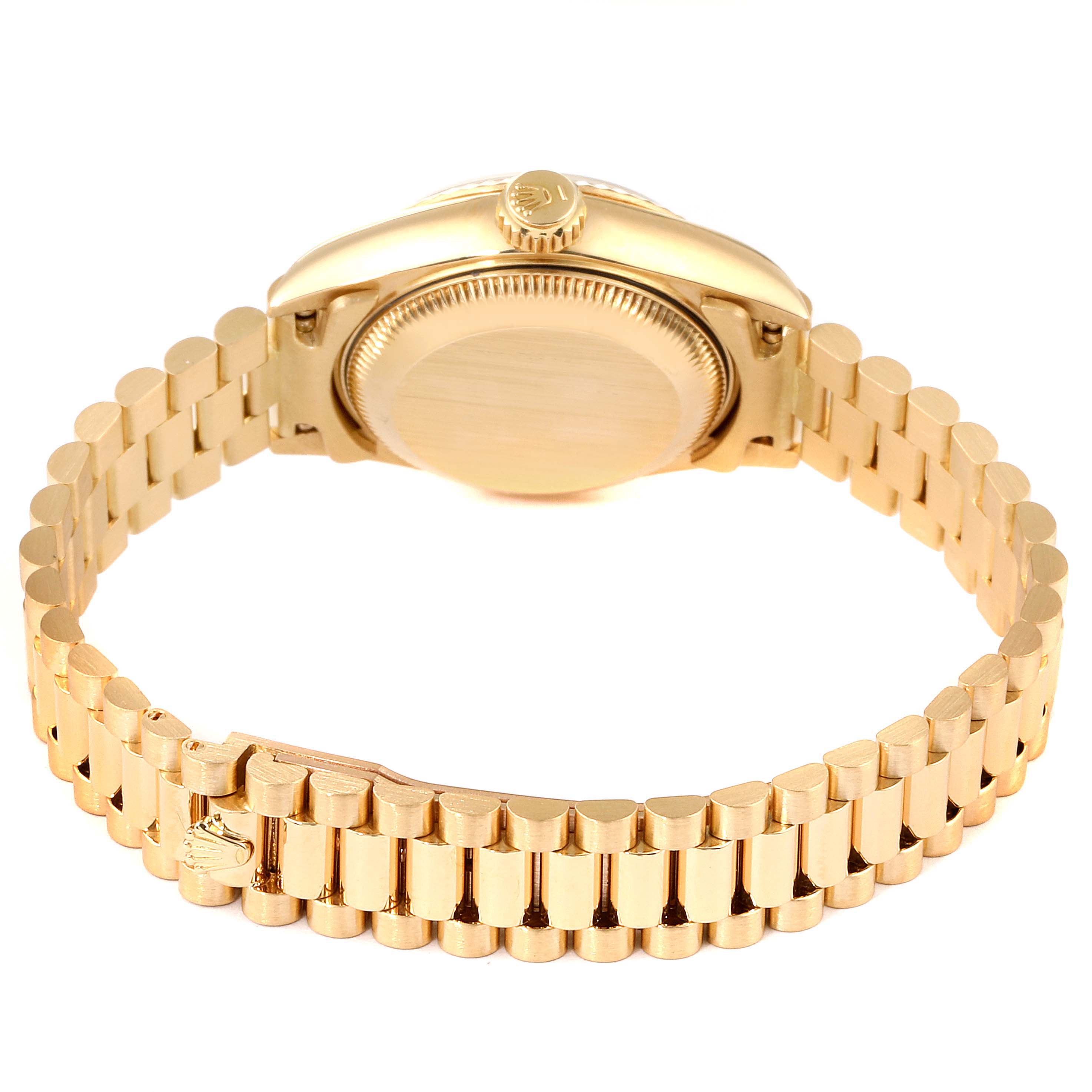 The image shows the back view of a Rolex President 69178 Women's Yellow Gold Blue Dial 69178 Women's Yellow Gold Blue Dial model watch, highlighting the bracelet and the case back.