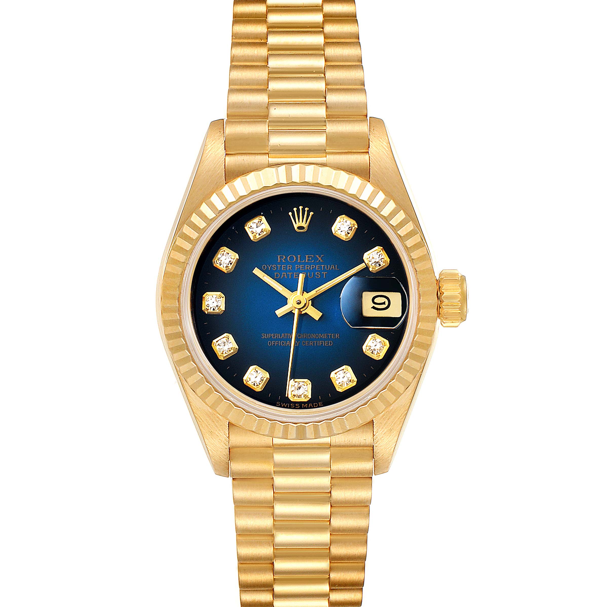 The Rolex President 69178 Women's Yellow Gold Blue Dial 69178 Women's Yellow Gold Blue Dial model watch shown is viewed from the front, displaying the blue dial, fluted bezel, and gold bracelet.