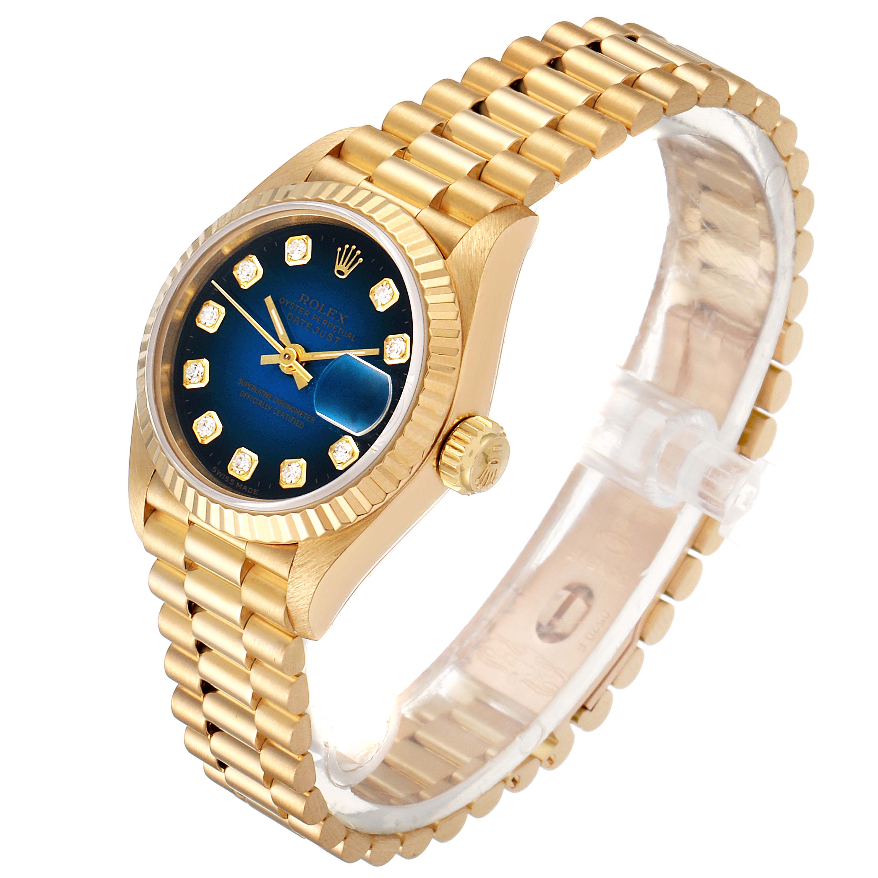 The Rolex President 69178 Women's Yellow Gold Blue Dial 69178 Women's Yellow Gold Blue Dial model watch is shown at an angled view, featuring a gold bracelet, blue dial, and diamond hour markers.