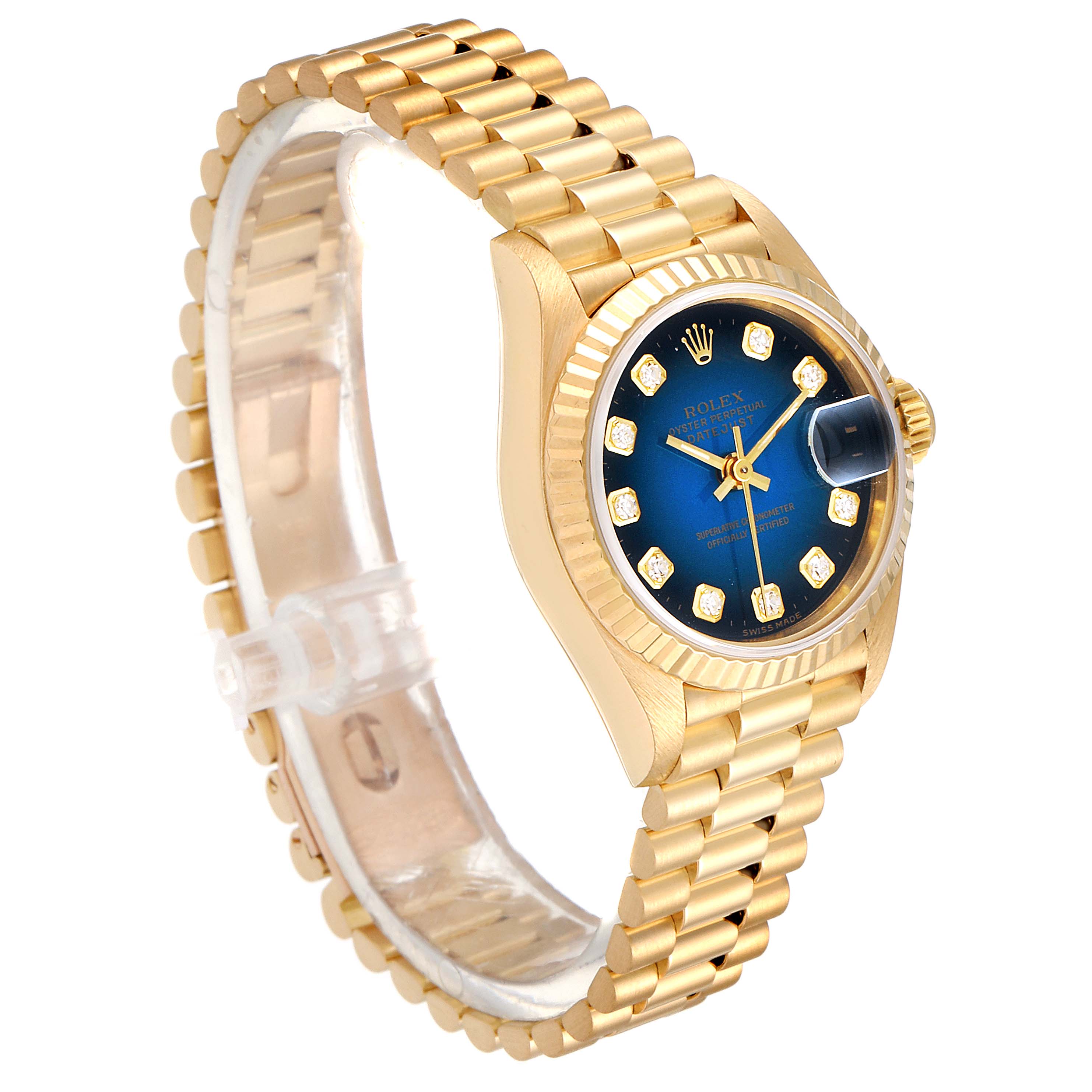 This image shows a President model Rolex watch at a front-left angle, highlighting its dial, bezel, case, and bracelet.