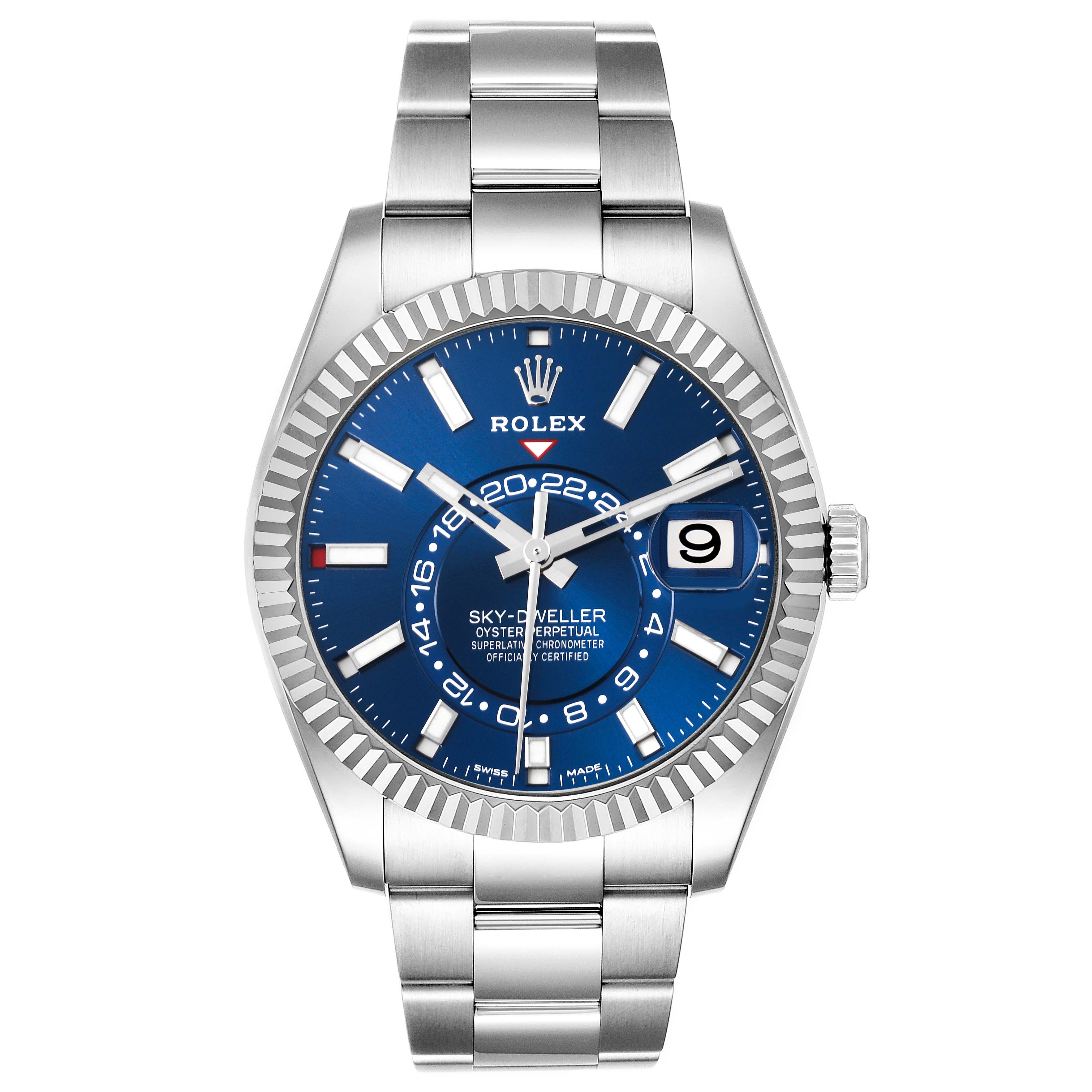 The image shows a front view of the Rolex Sky-Dweller 326934 Men's Stainless Steel Blue Dial 326934 Men's Stainless Steel Blue Dial watch, highlighting its blue face, fluted bezel, and bracelet.
