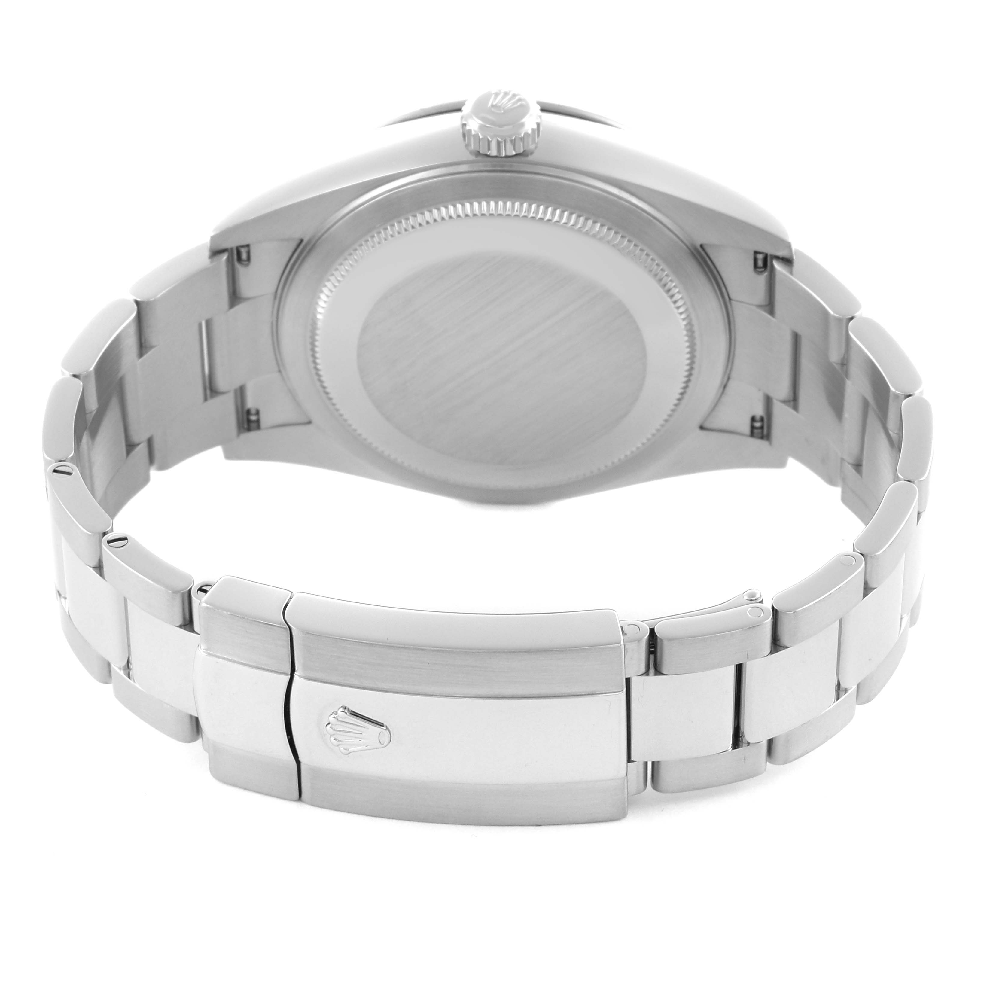 The image shows the back case and bracelet clasp of a Rolex Sky-Dweller 326934 Men's Stainless Steel Blue Dial 326934 Men's Stainless Steel Blue Dial watch from a rear angle.