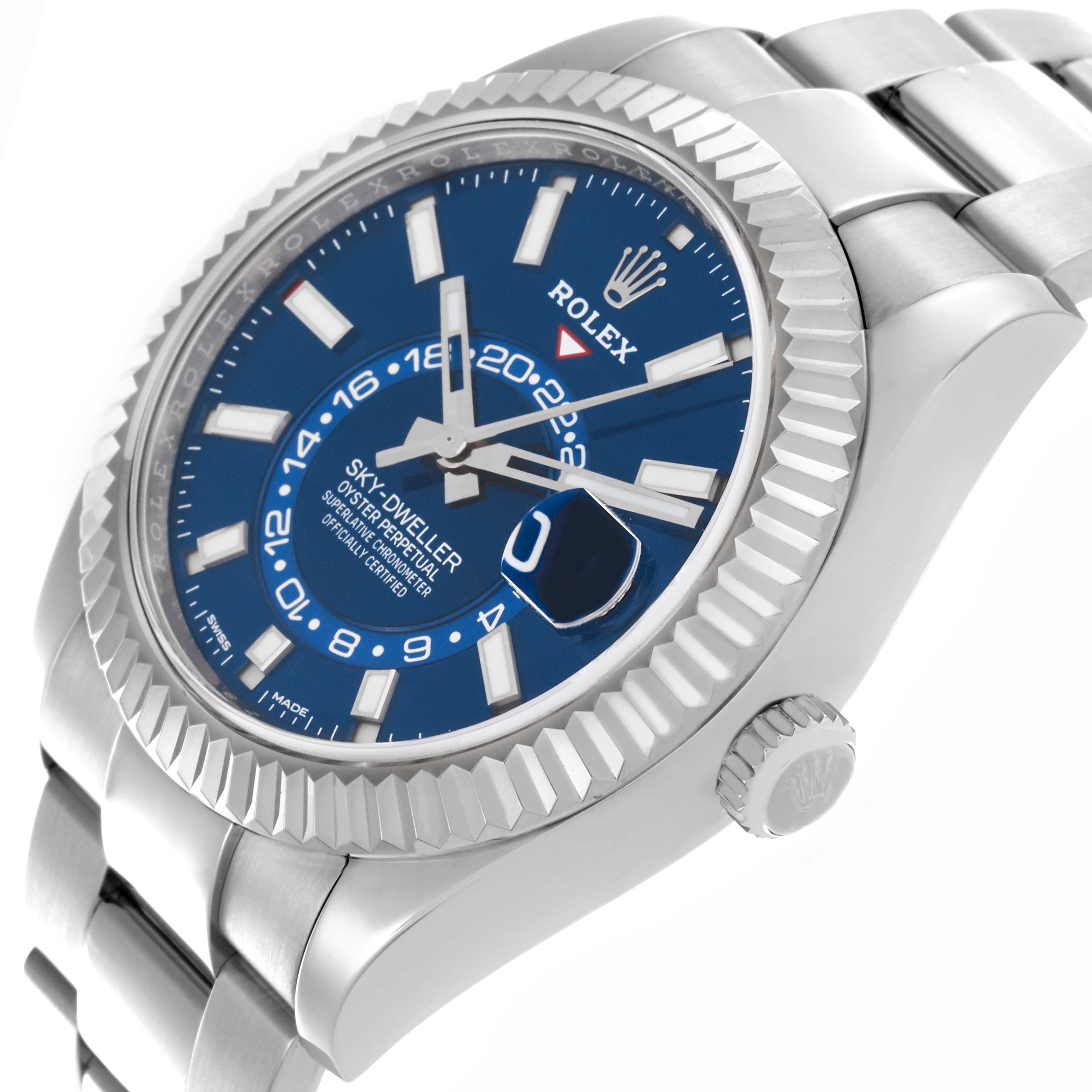 The Rolex Sky-Dweller 326934 Men's Stainless Steel Blue Dial 326934 Men's Stainless Steel Blue Dial watch is shown at an angle highlighting the face, case, crown, and part of the bracelet.