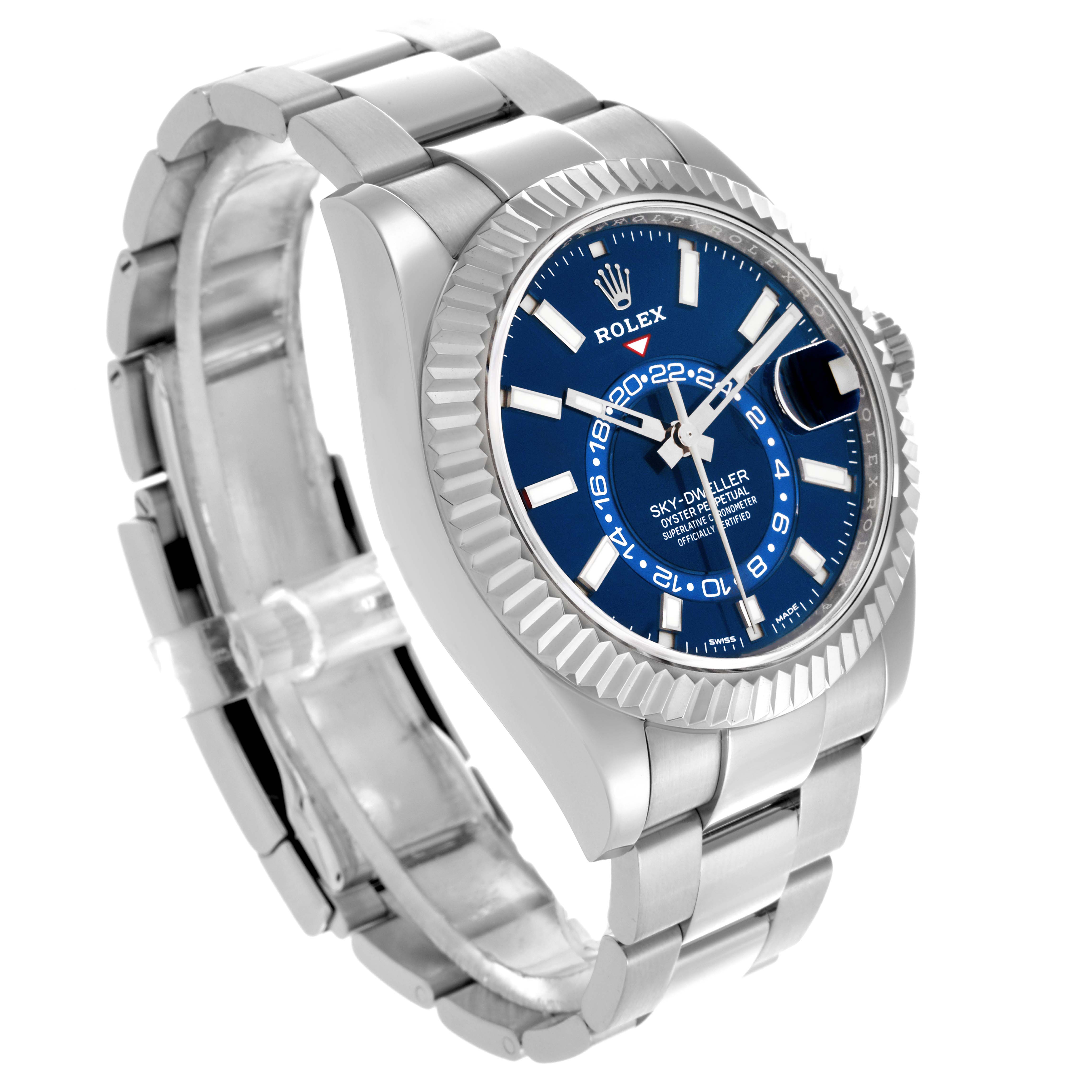 The Rolex Sky-Dweller 326934 Men's Stainless Steel Blue Dial 326934 Men's Stainless Steel Blue Dial watch is shown at a three-quarter angle, highlighting the face, bezel, and bracelet.