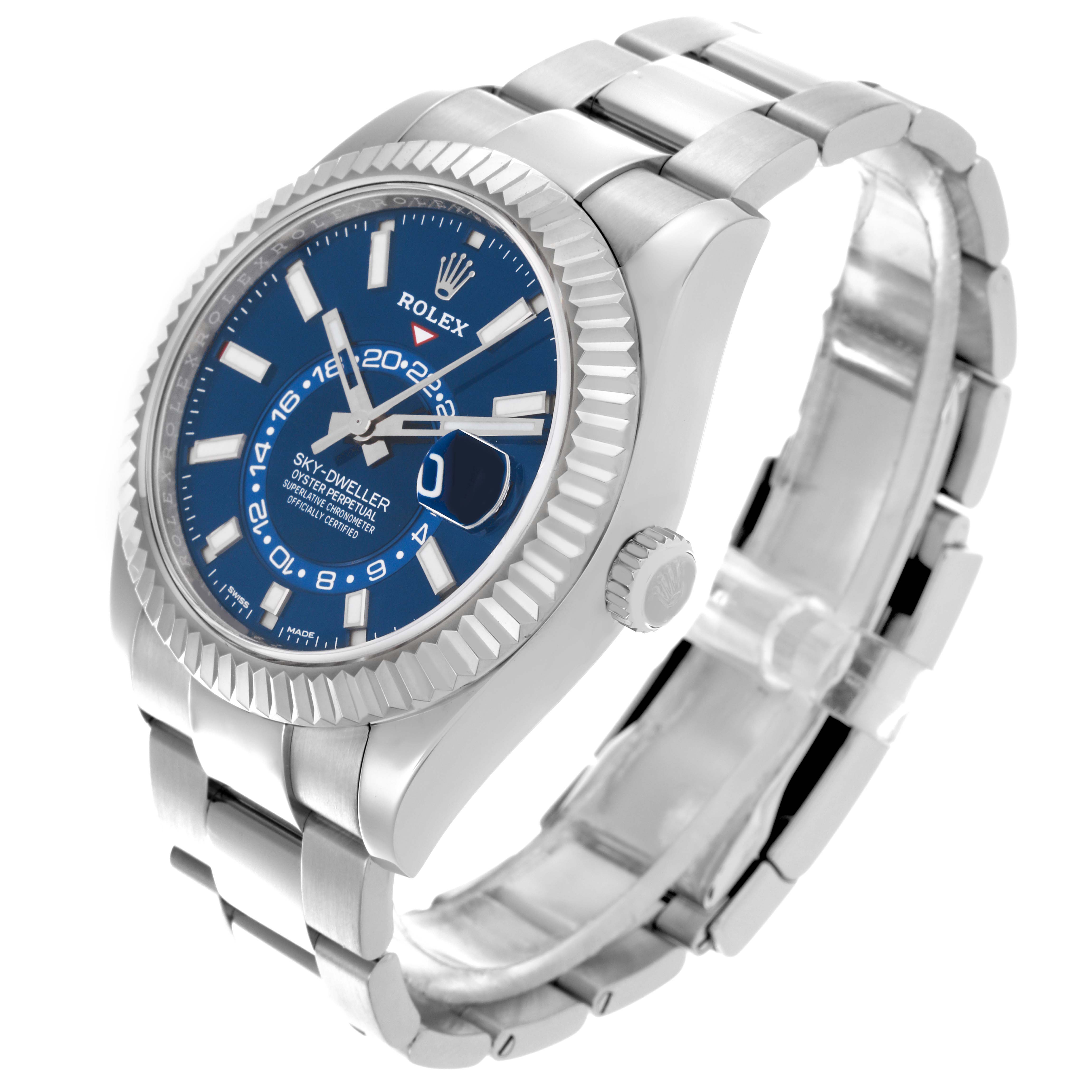 The Rolex Sky-Dweller 326934 Men's Stainless Steel Blue Dial 326934 Men's Stainless Steel Blue Dial watch is shown at an angled side view, highlighting the blue dial, bezel, case, and bracelet.