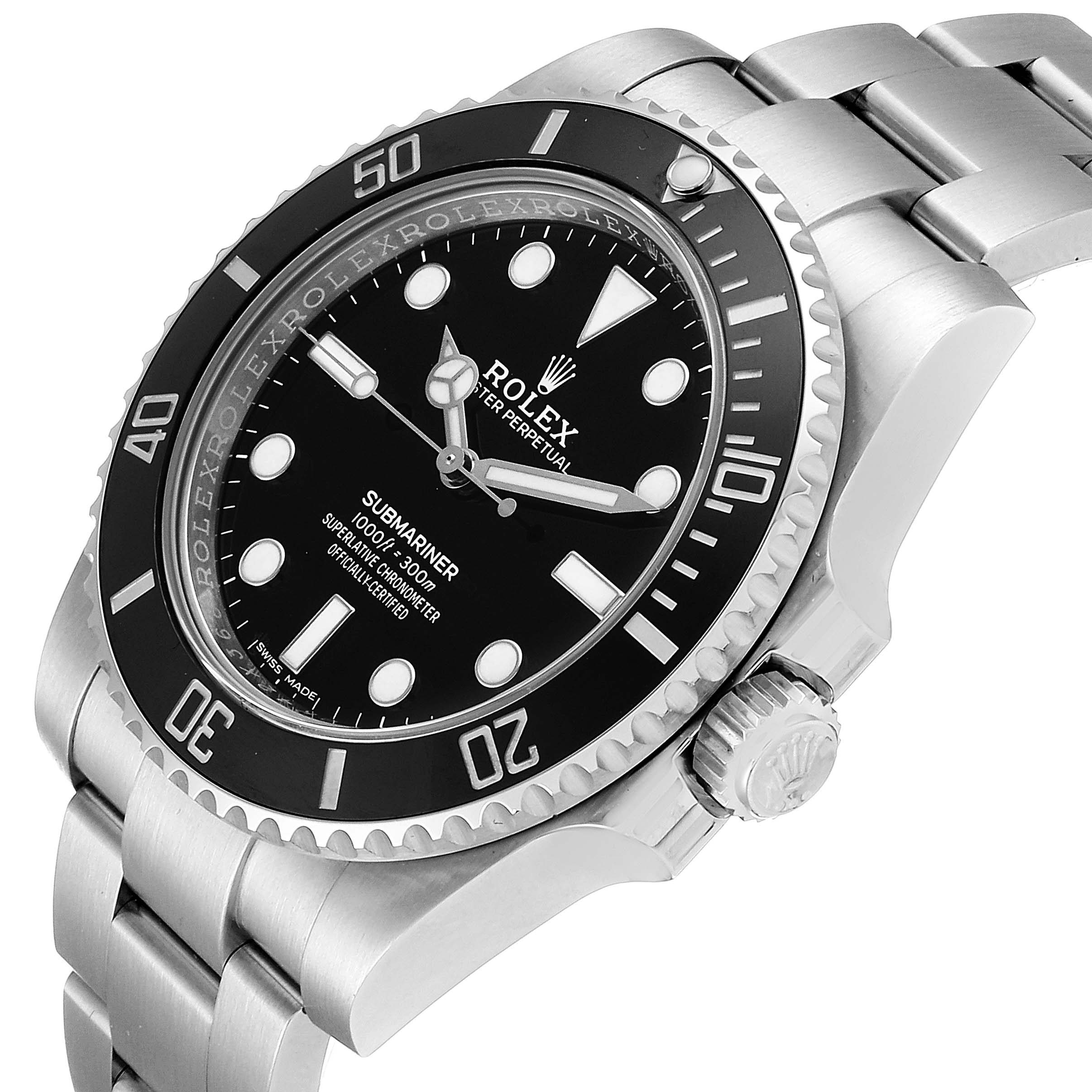 The image shows a close-up side angle of a Rolex Submariner 114060 Men
s Stainless Steel Black Dial 114060 Men
s Stainless Steel Black Dial watch, highlighting its bezel, dial, crown, and bracelet.