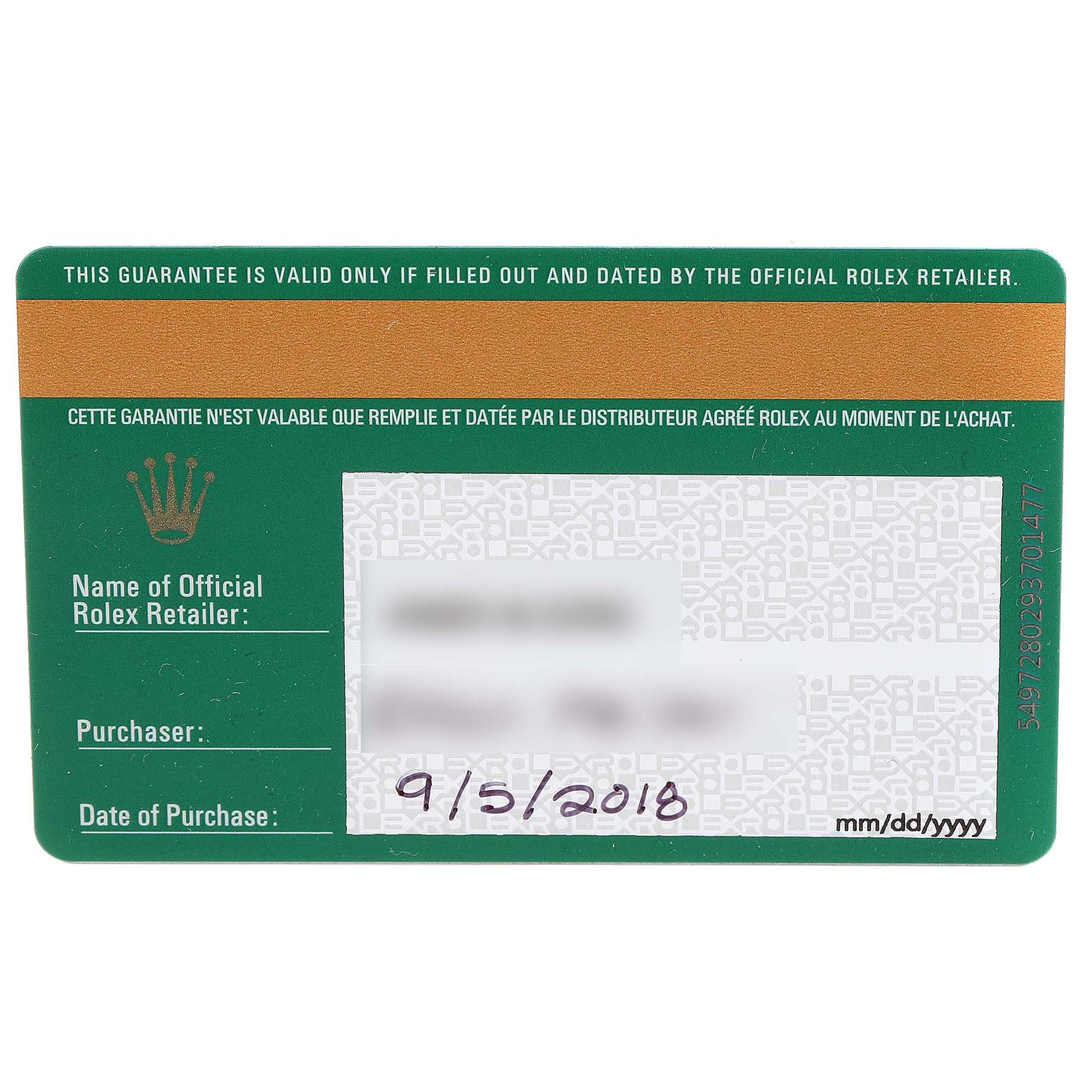 The image shows a Rolex warranty card for a Submariner model, displaying the purchase date and other details.