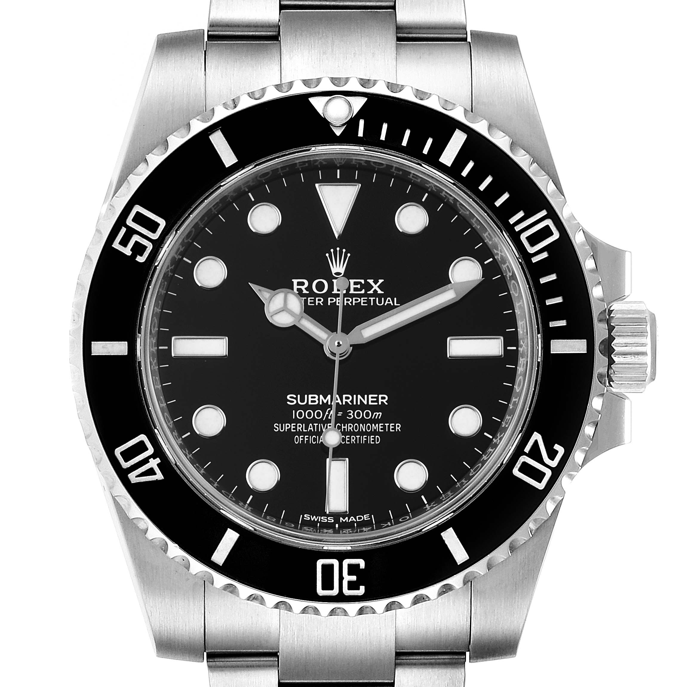 This image shows a front view of the Rolex Submariner 114060 Men
s Stainless Steel Black Dial 114060 Men
s Stainless Steel Black Dial watch, highlighting the dial, bezel, and part of the bracelet.