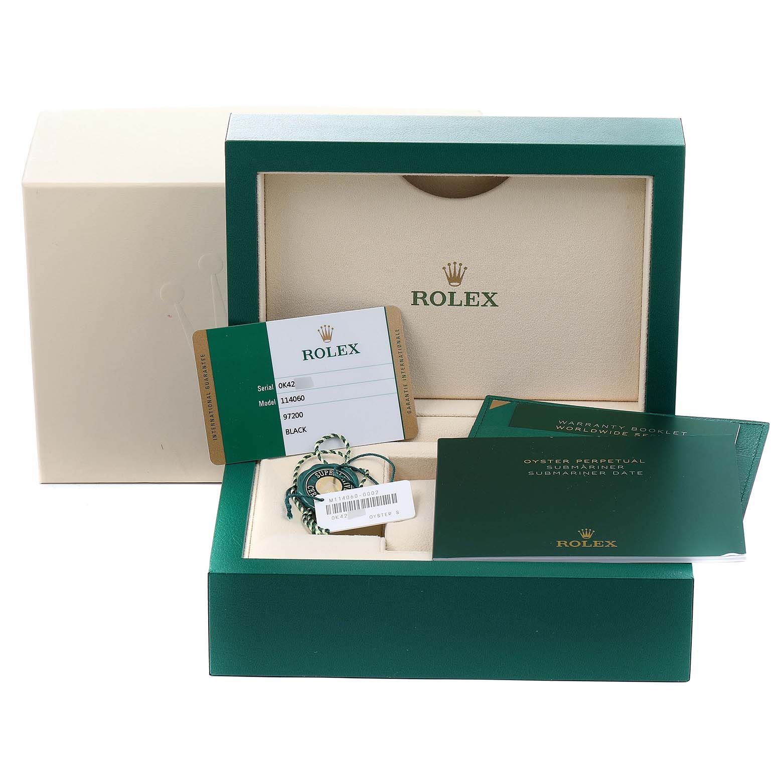 The image shows Rolex Submariner 114060 Men
s Stainless Steel Black Dial 114060 Men
s Stainless Steel Black Dial packaging including a warranty card, booklets, and tags from a front view.