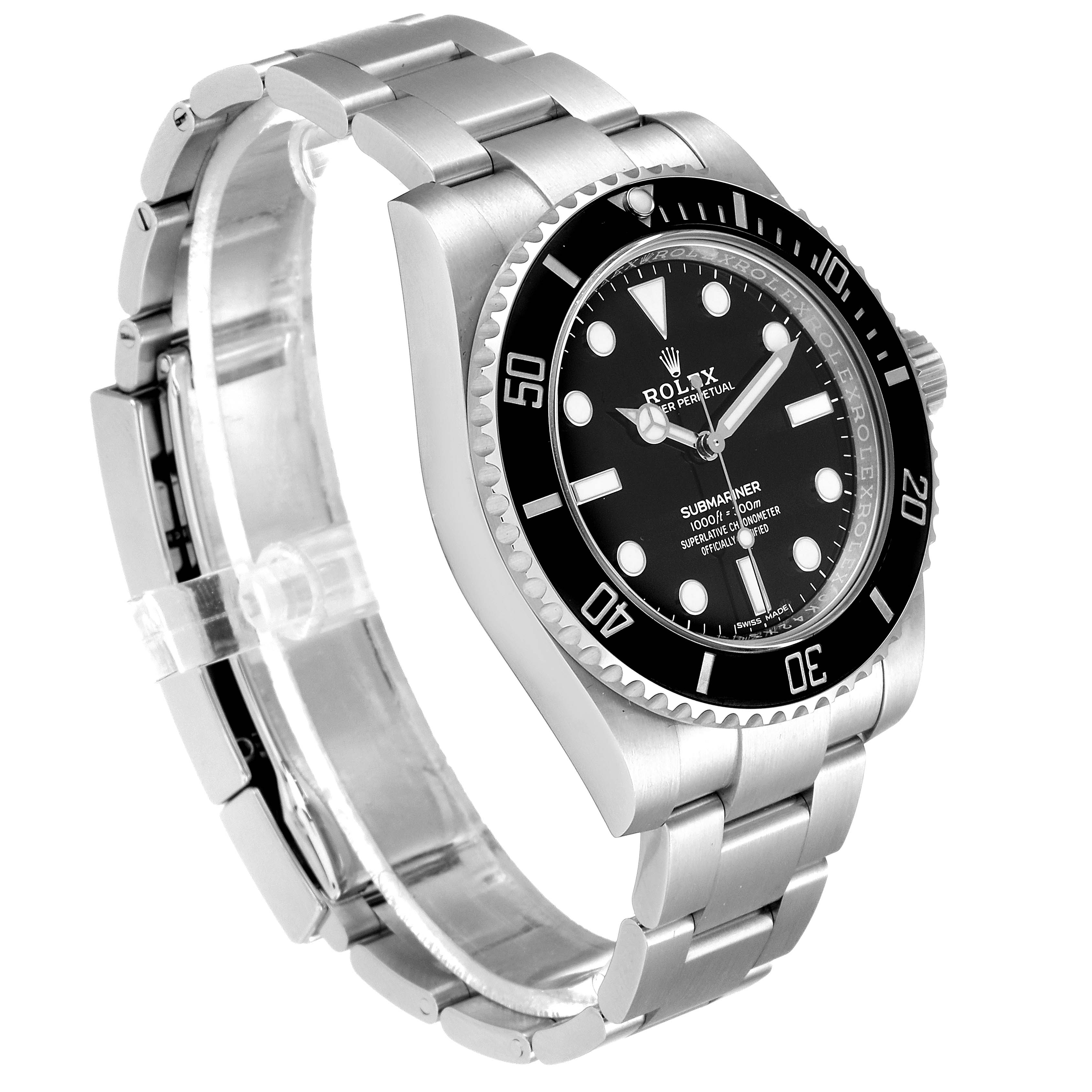 This image shows a Rolex Submariner 114060 Men
s Stainless Steel Black Dial 114060 Men
s Stainless Steel Black Dial watch from an angled side view, highlighting its dial, bezel, and bracelet.