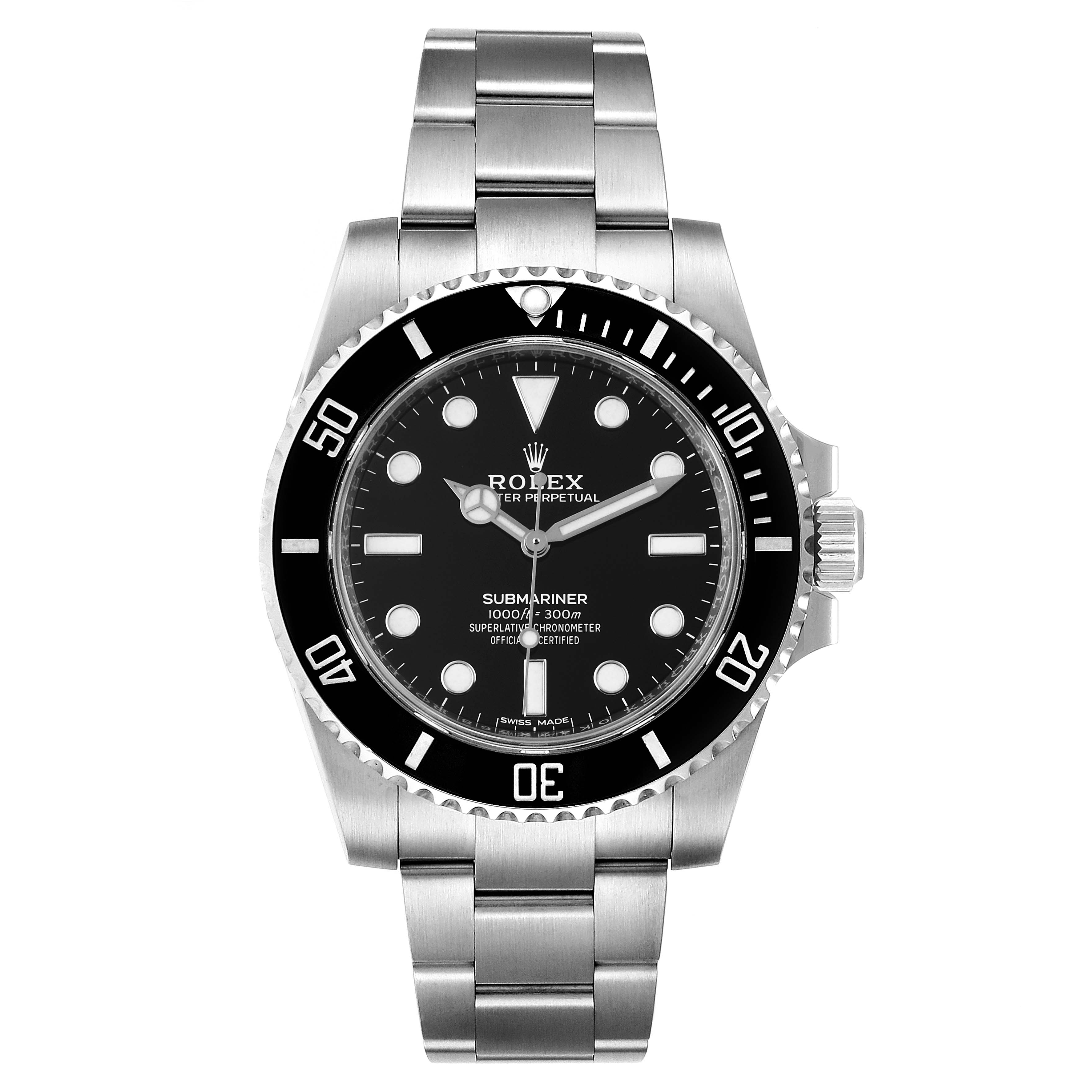 The image shows a front view of a Rolex Submariner 114060 Men
s Stainless Steel Black Dial 114060 Men
s Stainless Steel Black Dial watch, highlighting its black dial, bezel, and stainless steel bracelet.