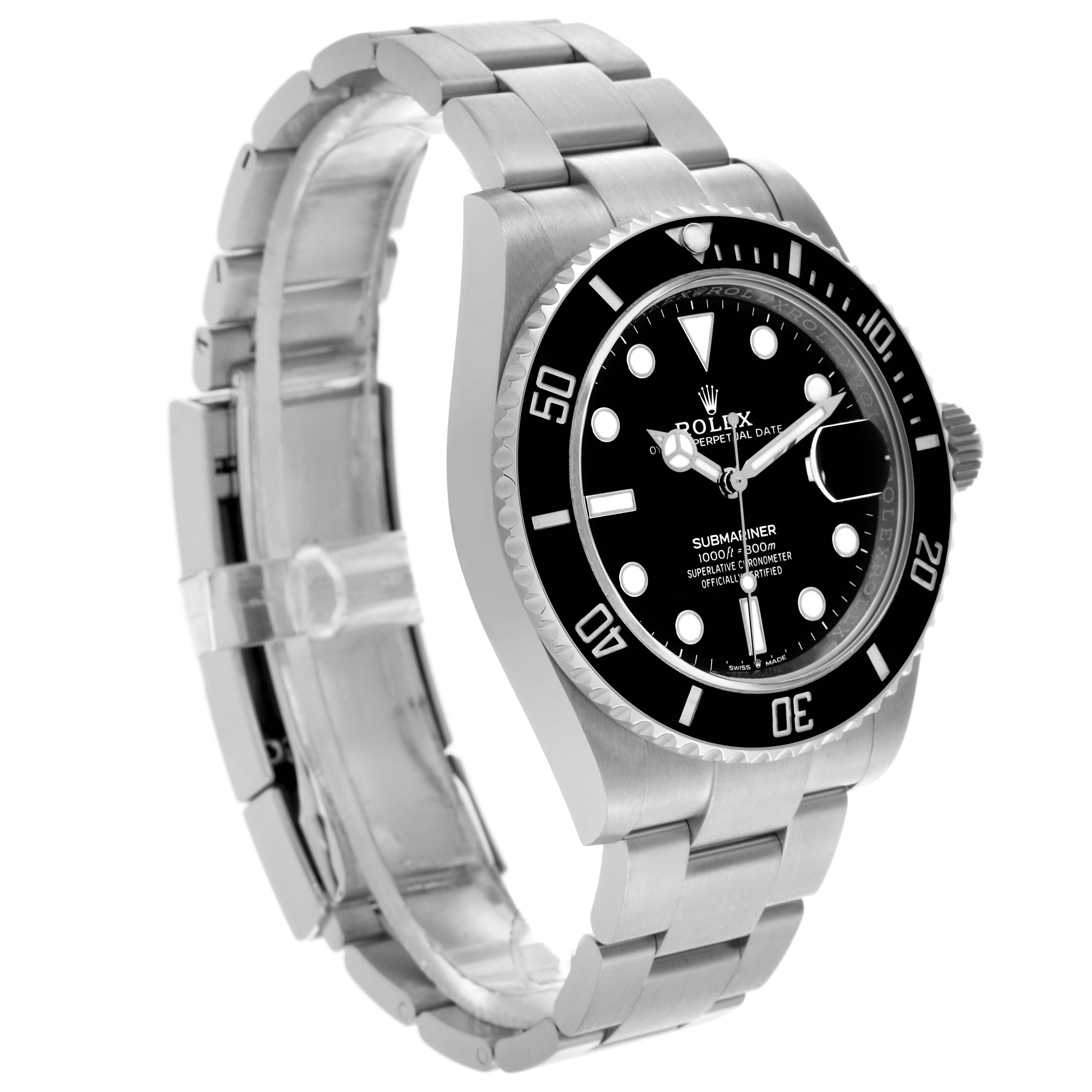 The Rolex Submariner 126610LN Men's Stainless Steel Black Dial 126610LN Men's Stainless Steel Black Dial watch is shown at a three-quarter angle, displaying the face, bezel, crown, and bracelet.