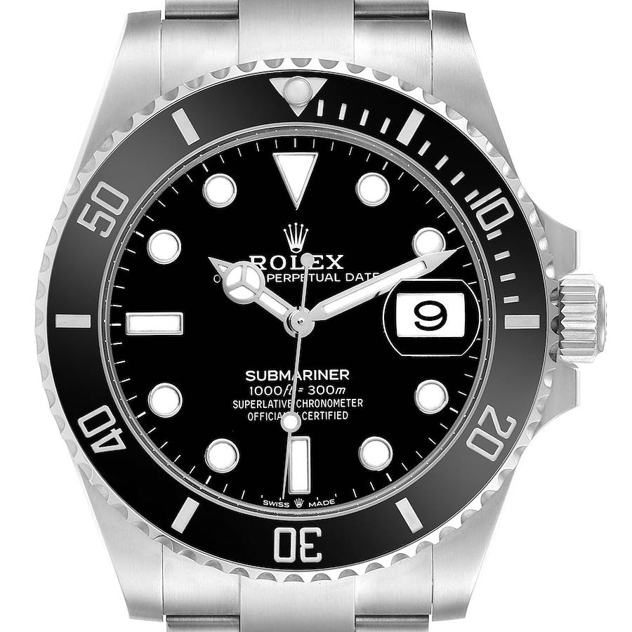 The Rolex Submariner watch is shown from the front, displaying the dial, bezel, and part of the bracelet.