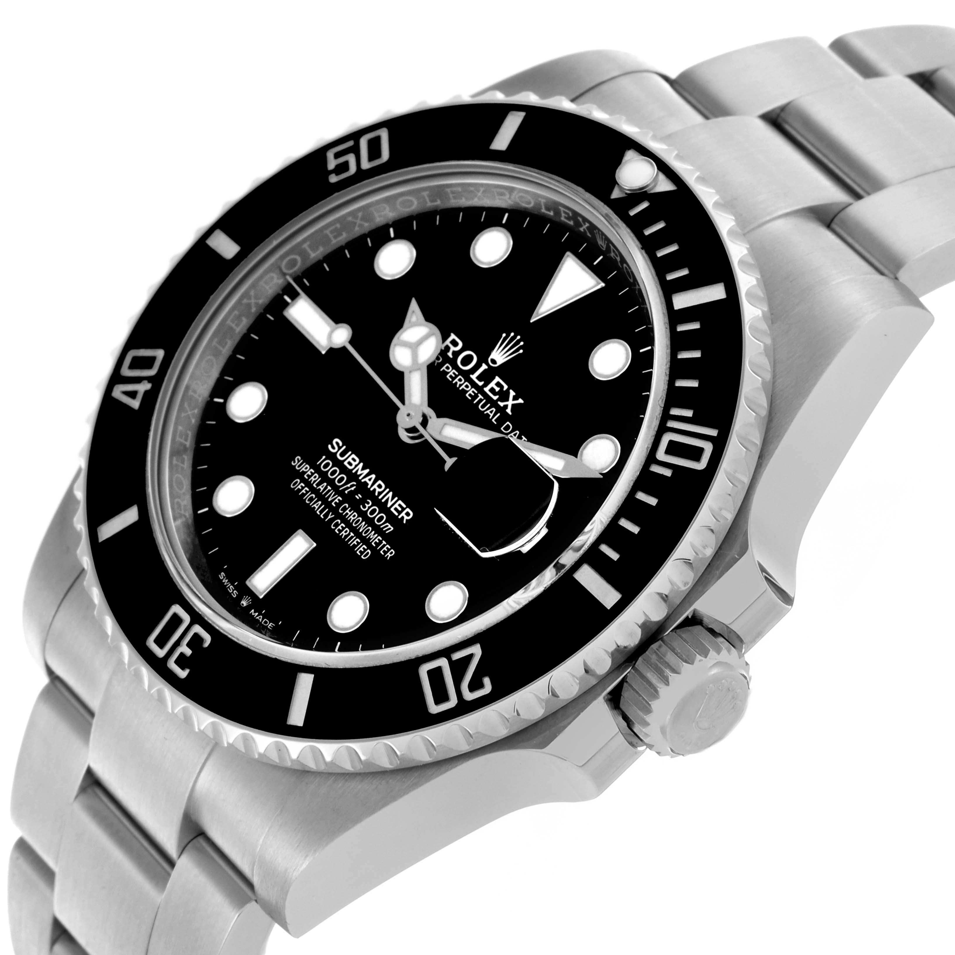 The Rolex Submariner 126610LN Men's Stainless Steel Black Dial 126610LN Men's Stainless Steel Black Dial model is shown at a tilted angle, highlighting the bezel, dial, crown, and bracelet.