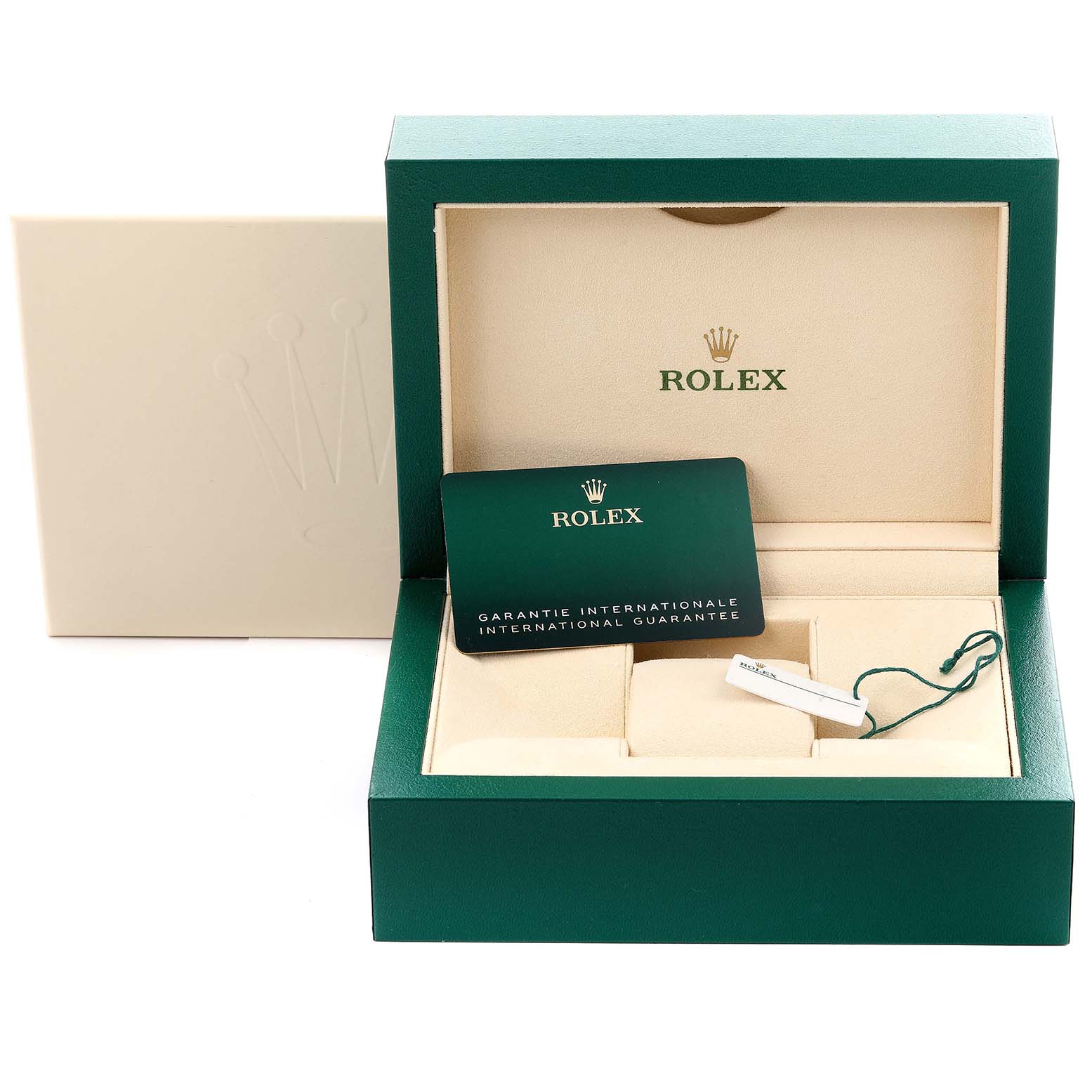 The image shows a Rolex Submariner 126610LN Men's Stainless Steel Black Dial 126610LN Men's Stainless Steel Black Dial watch box, guarantee card, and tag from a top angle, with the watch itself omitted.