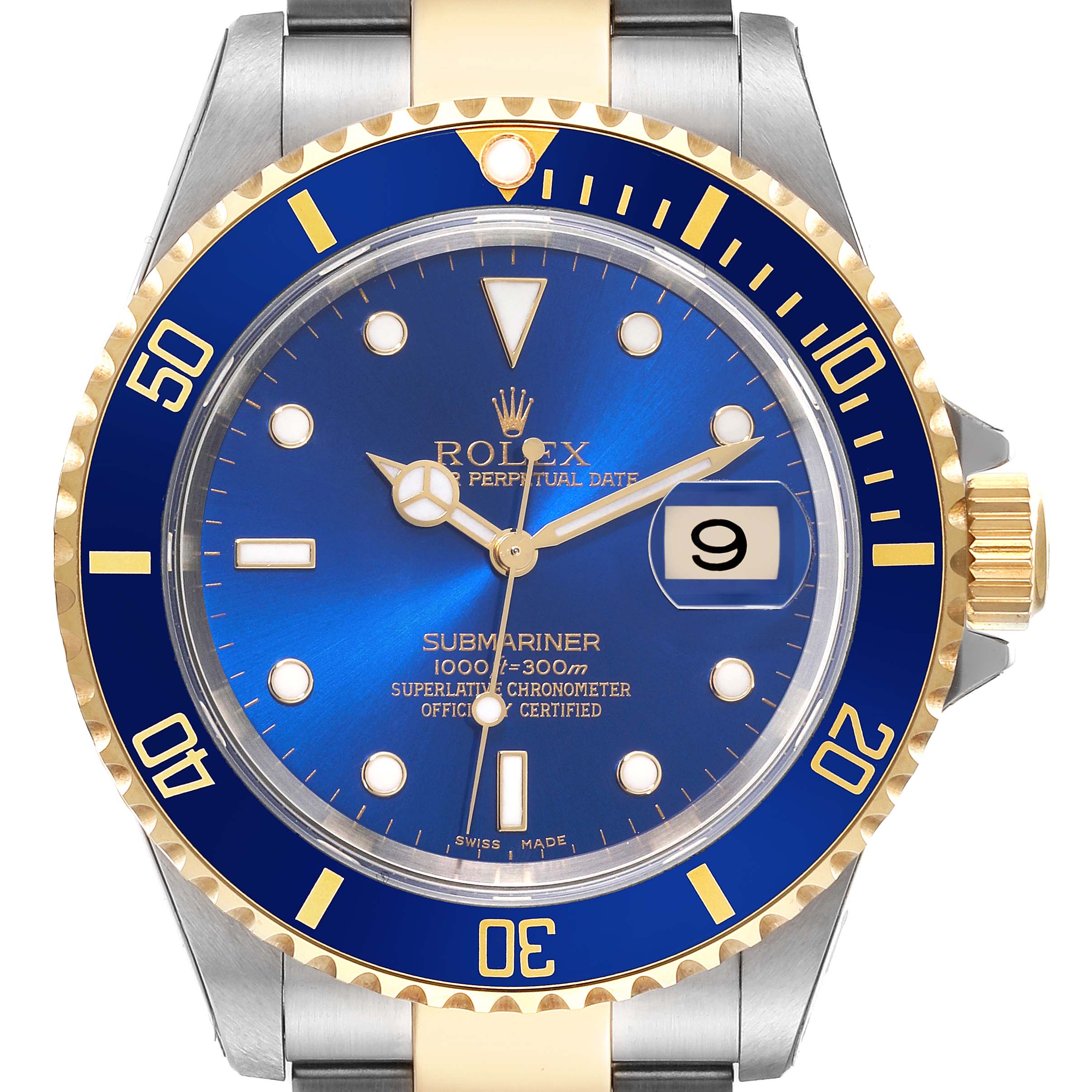 The image shows a front view of a Rolex Submariner 16613 Men
s Steel and Gold (two tone) Blue Dial 16613 Men
s Steel and Gold (two tone) Blue Dial watch, highlighting the blue dial, date window, and two-tone bracelet.