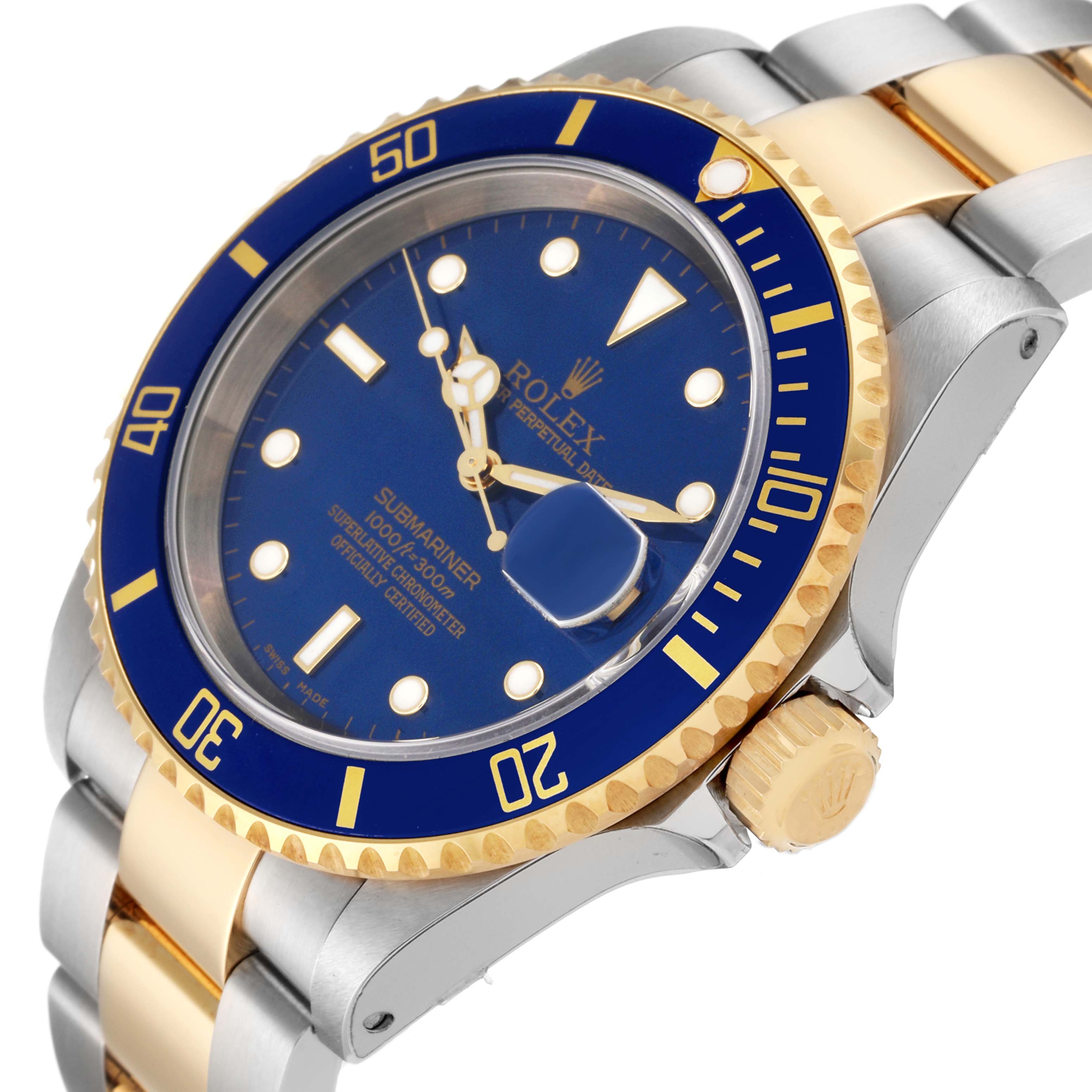 The image shows a close-up angled view of the Rolex Submariner 16613 Men
s Steel and Gold (two tone) Blue Dial 16613 Men
s Steel and Gold (two tone) Blue Dial, highlighting its blue and gold bezel, dial, and two-tone bracelet.