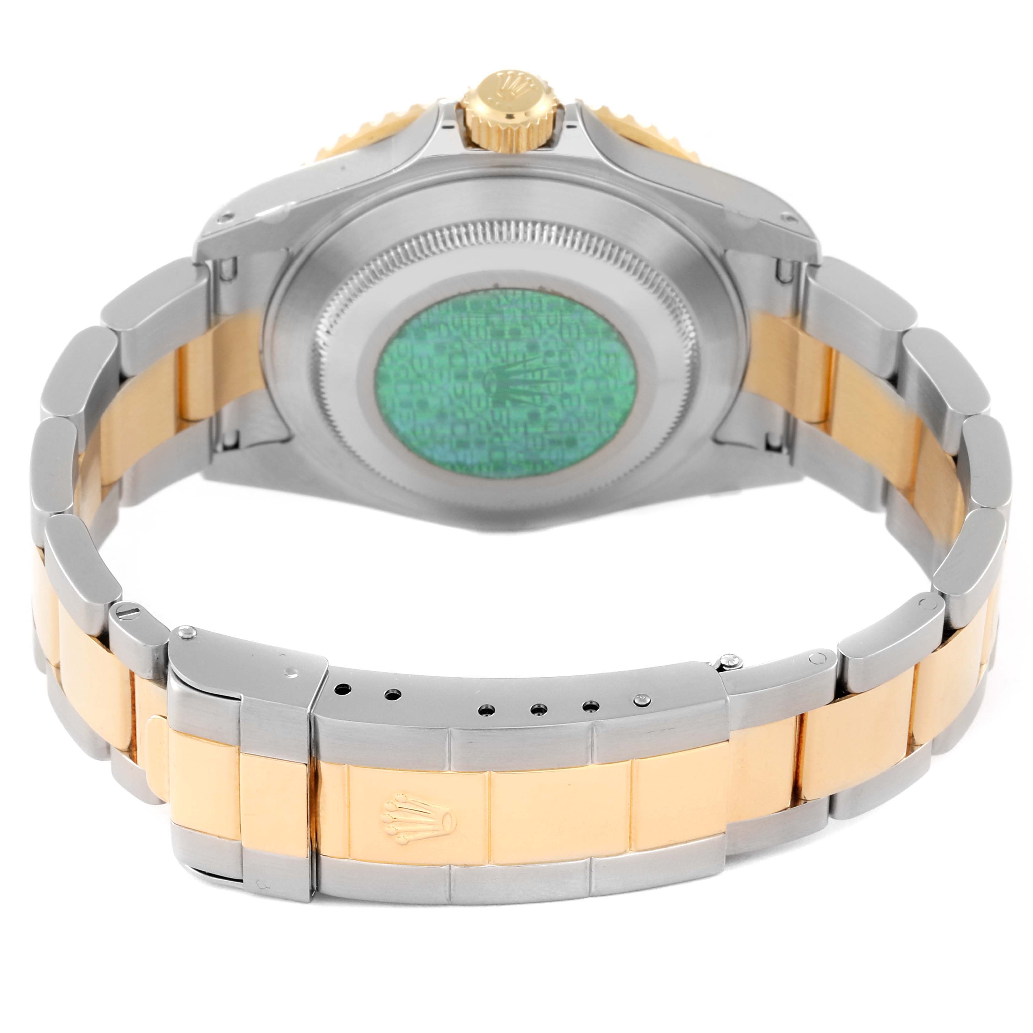 The image shows the back view of a Rolex Submariner 16613 Men
s Steel and Gold (two tone) Blue Dial 16613 Men
s Steel and Gold (two tone) Blue Dial watch, highlighting the bracelet, clasp, case back, and crown.